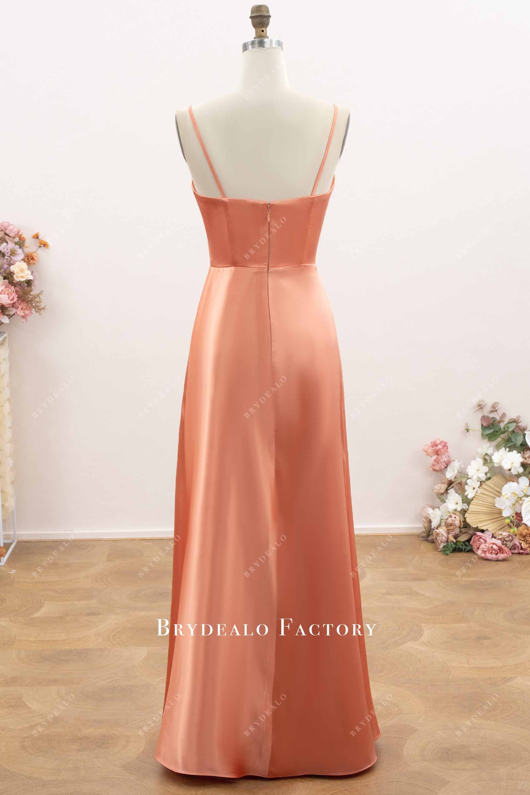 papaya satin open back bridesmaid dress