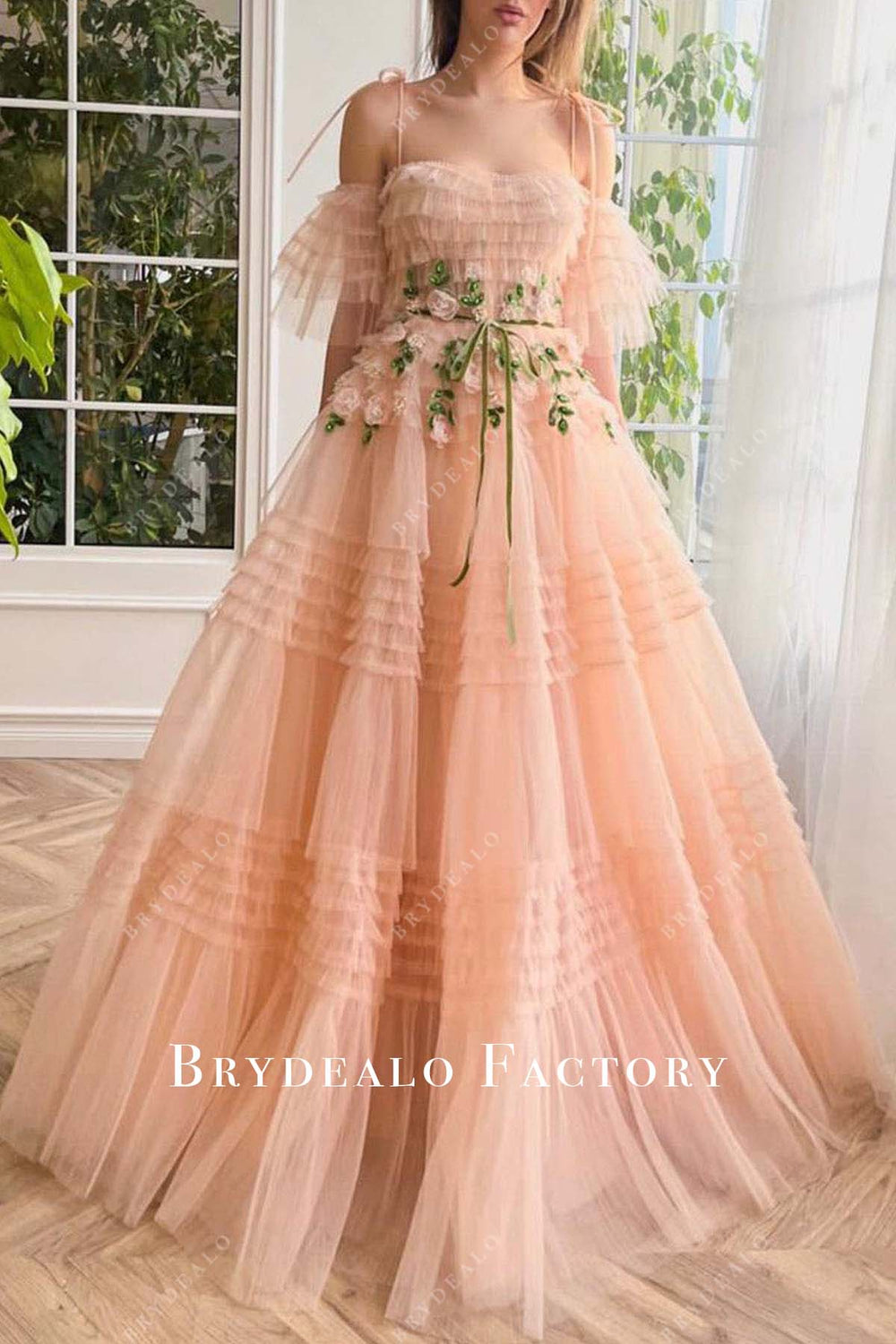 Peach Layered Tulle Thin Straps A-Line Formal Dress