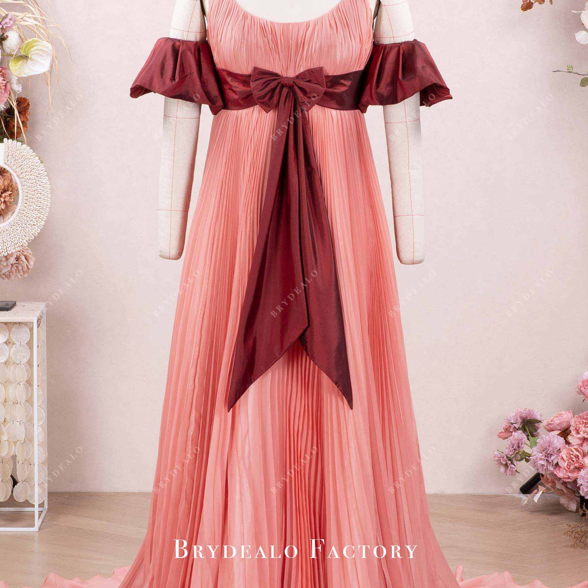 Peach Pleated Chiffon Off-Shoulder Panel Train Formal Dress