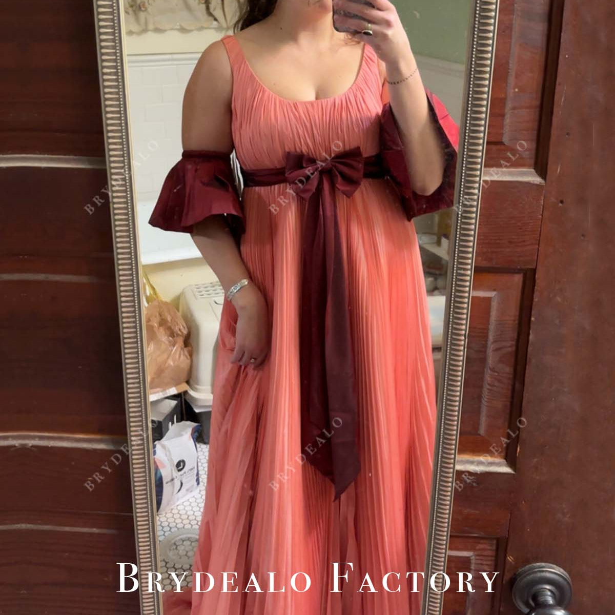 Peach Chiffon Scoop Neck Cabernet Bowknot Wedding Guest Evening Dress Peach Chiffon Scoop Neck Cabernet Bowknot Wedding Guest Evening Dress