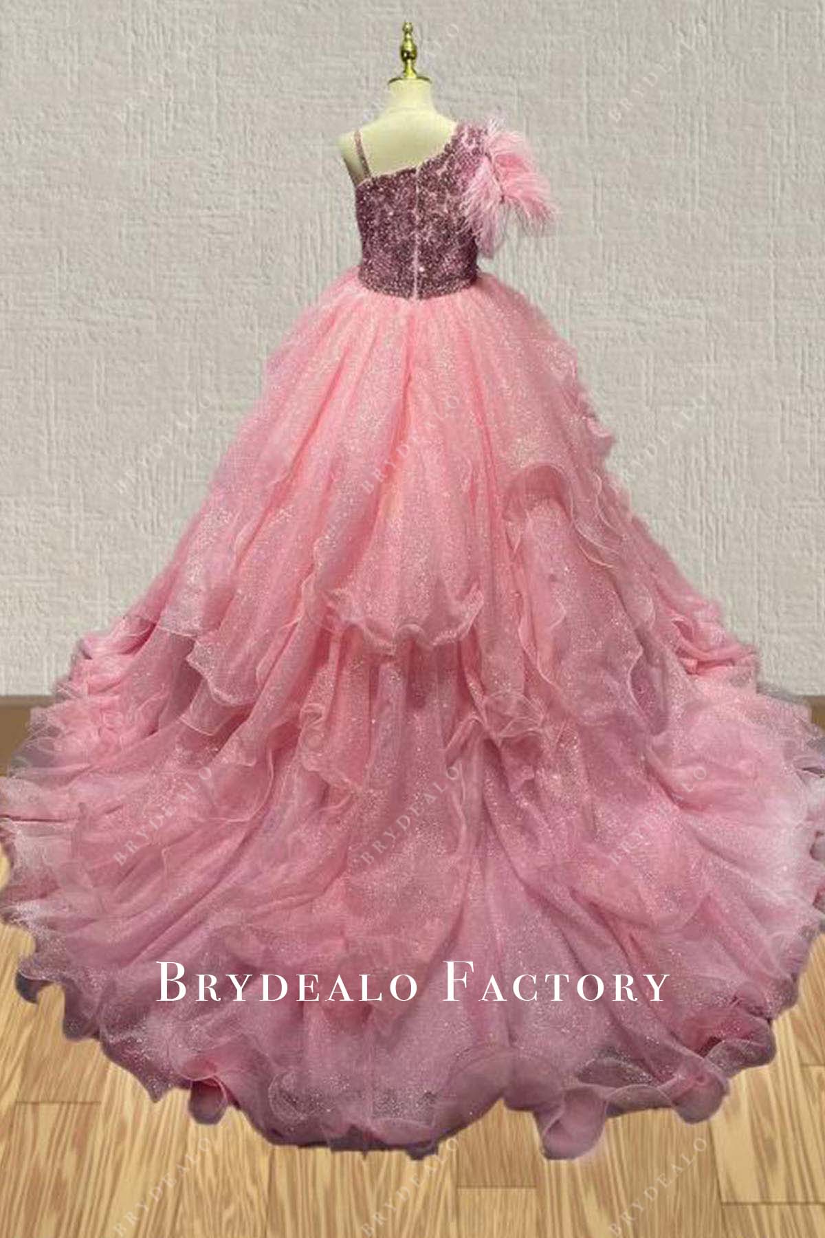 peach feathered a line pageant ballgown