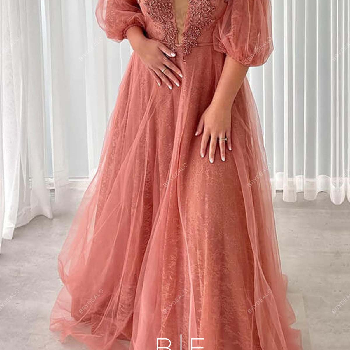 Peach Lace Off Shoulder Plunging Long Prom Formal Dress