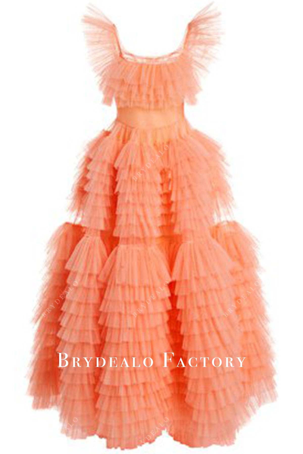 peach layered tulle prom dress