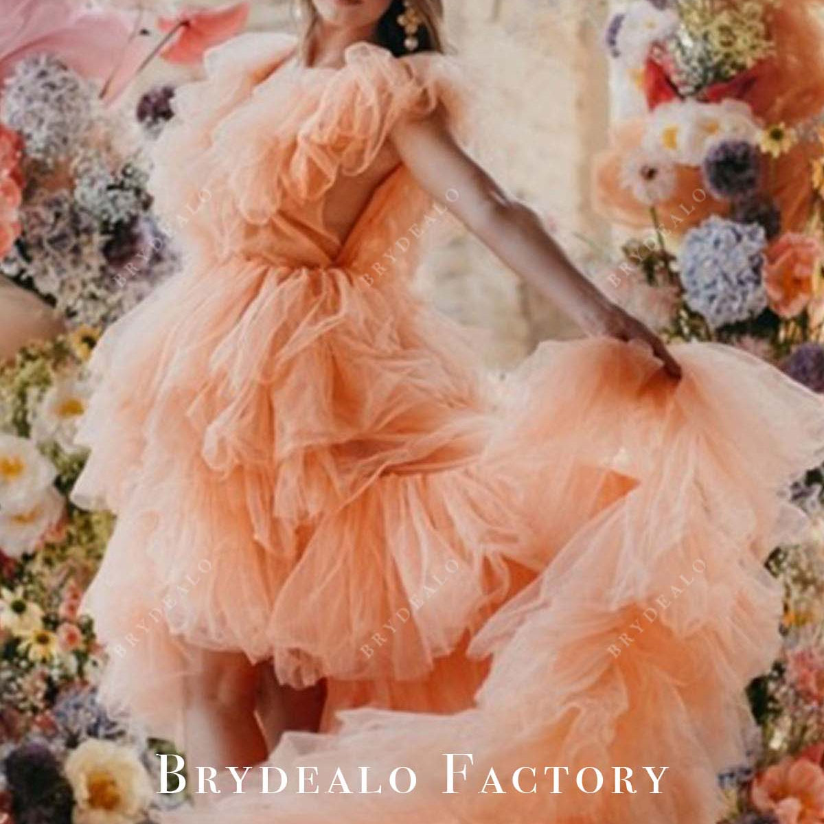 Peach Ruffled Tulle High-Low Open-Back Formal Wedding Dress Peach Ruffled Tulle High-Low Open-Back Formal Wedding Dress