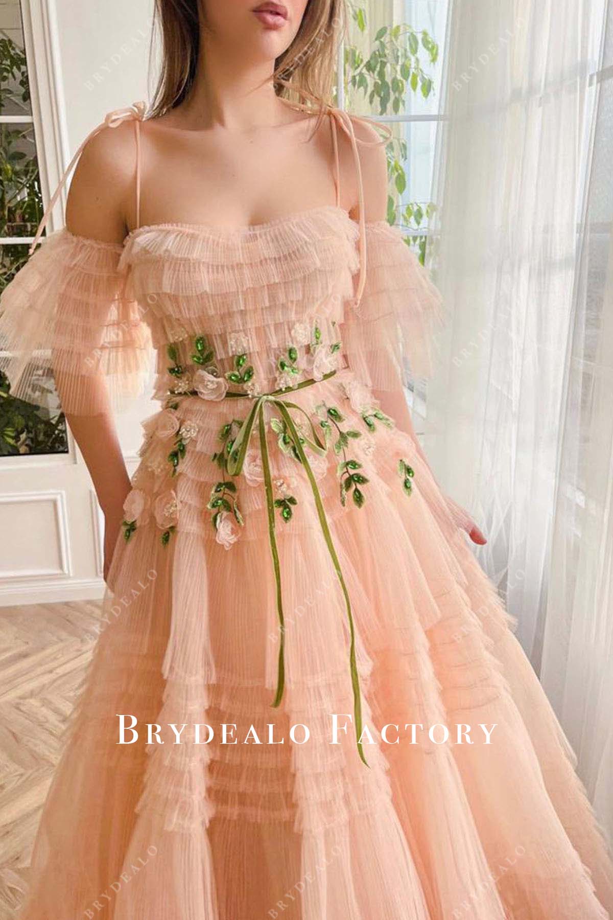 peach tulle floral thin straps prom dress