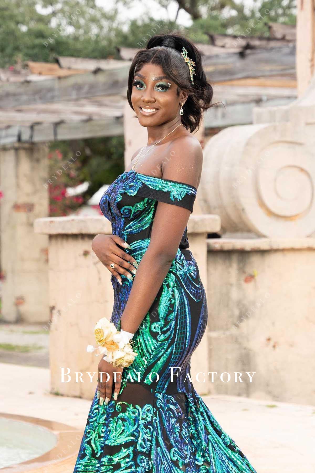 peacock off shoulder prom dress