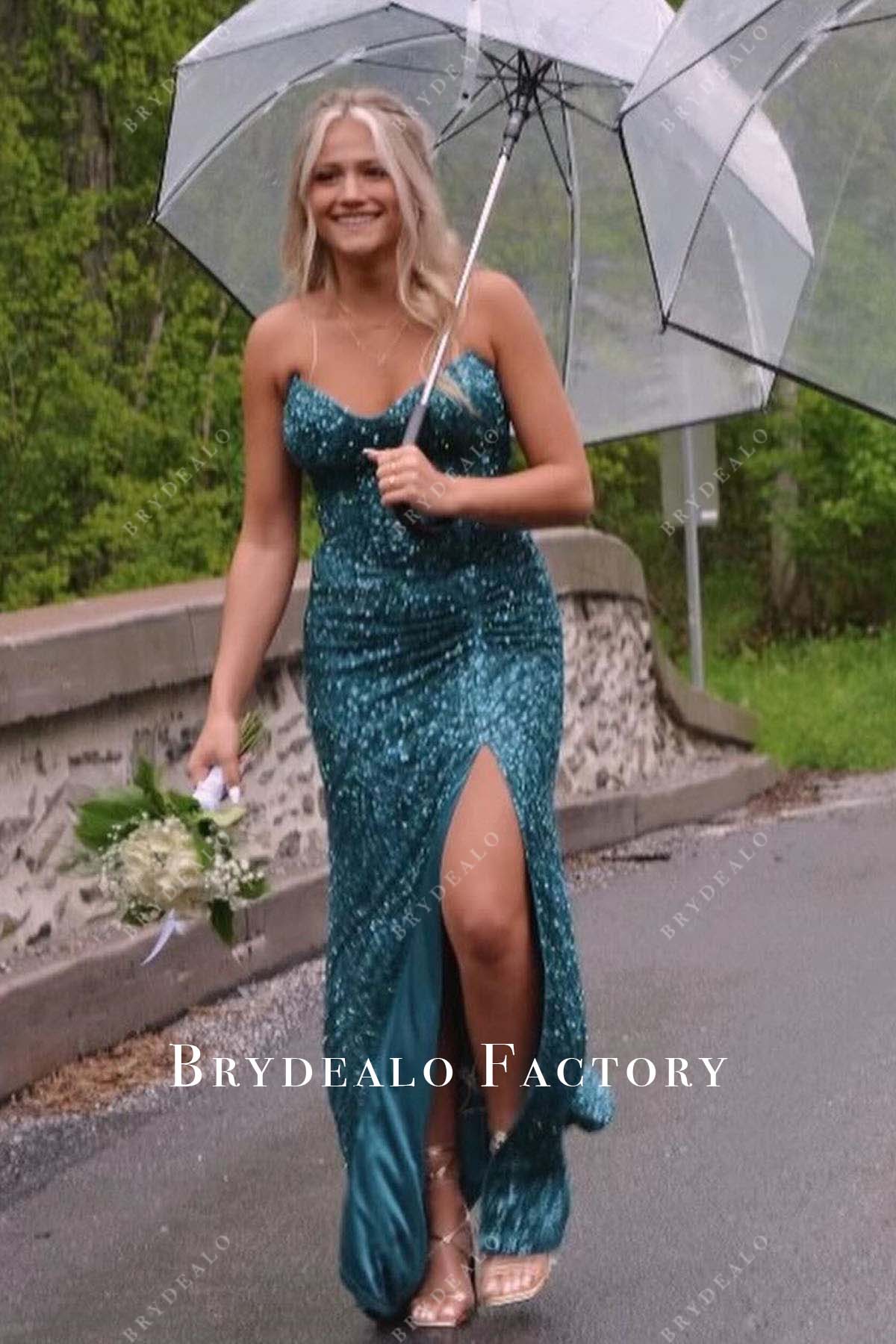 peacock sequined slit homecoming dress