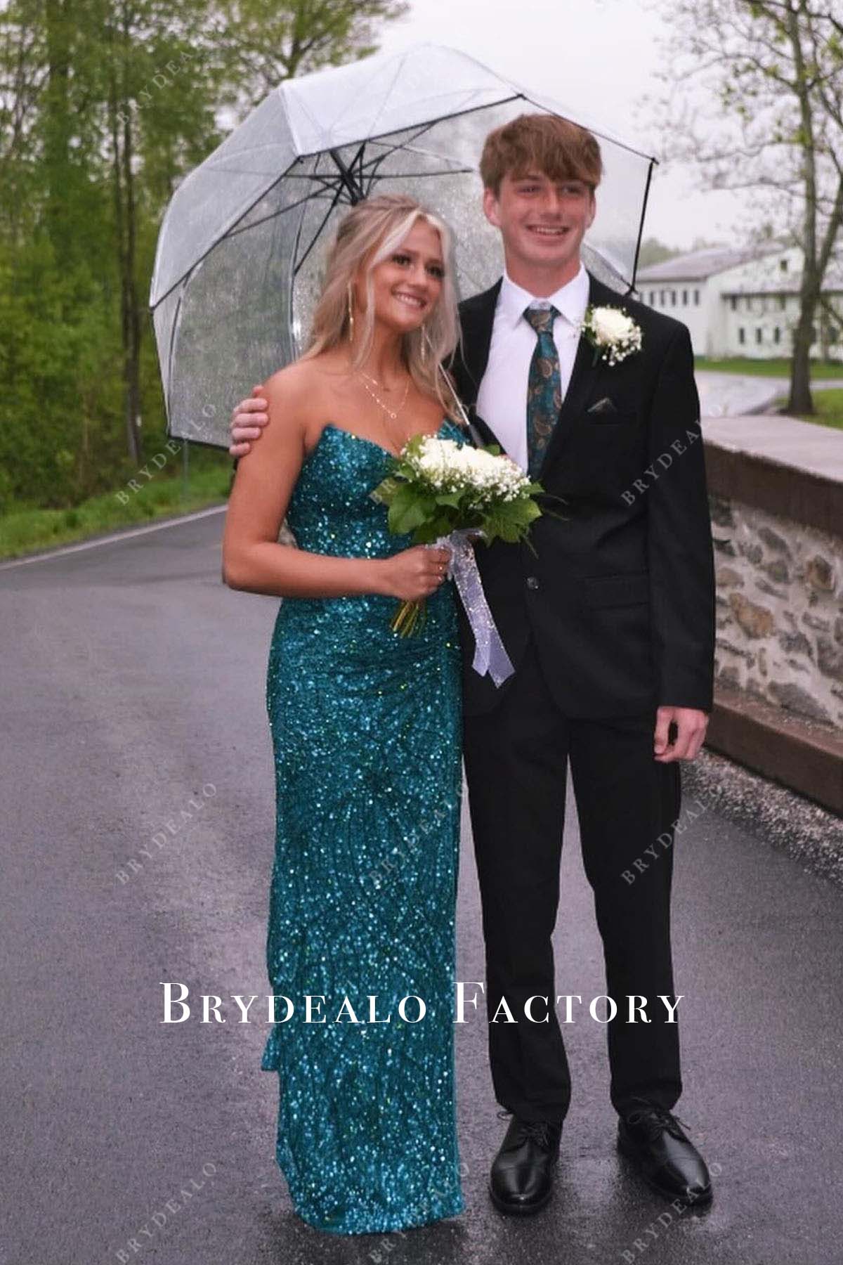 peacock sequined strapless homecoming dress