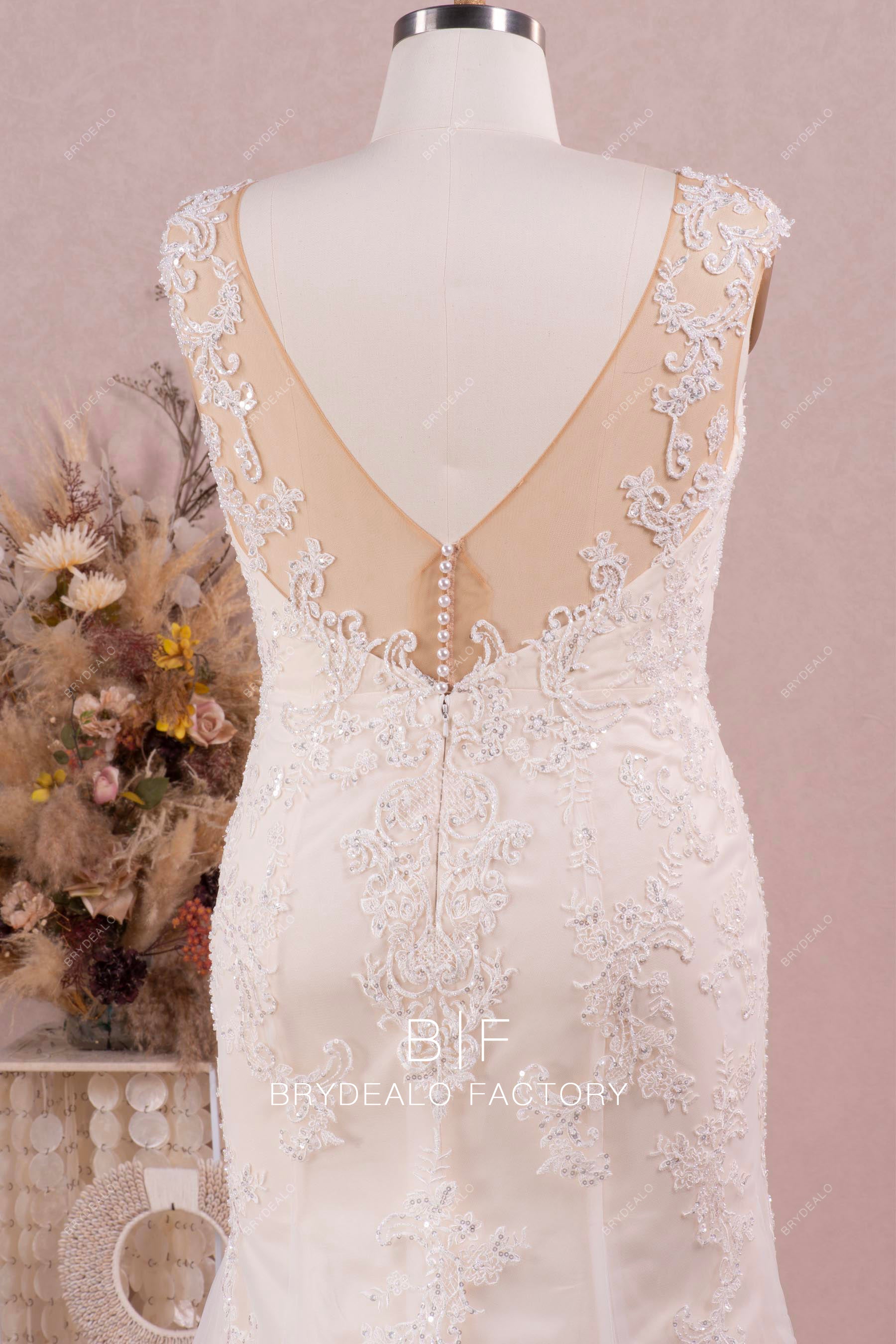 pearls buttoned illusion back wedding gown