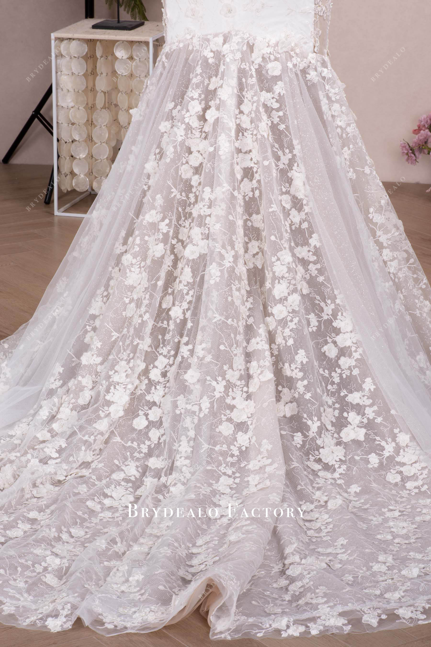 pearl flower long train wedding gown