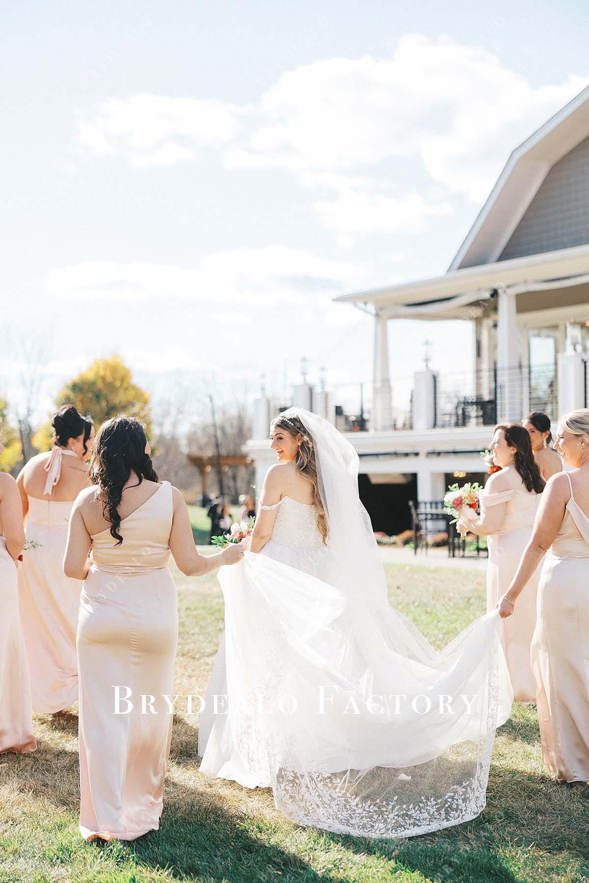 pearl pink long mismatched bridesmaid dresses