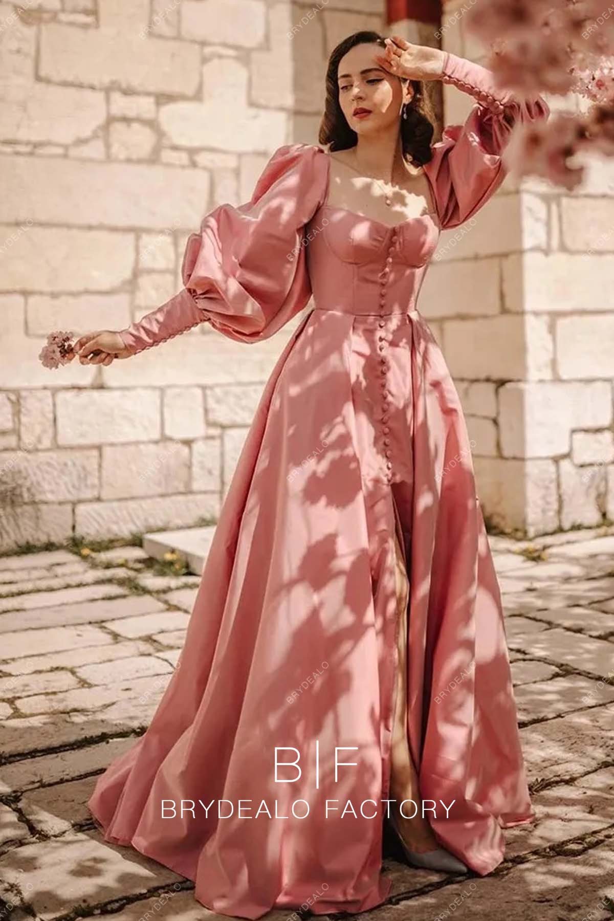 Pearl Pink Semi Sweetheart Neck A-line  Slit Long Prom Dress