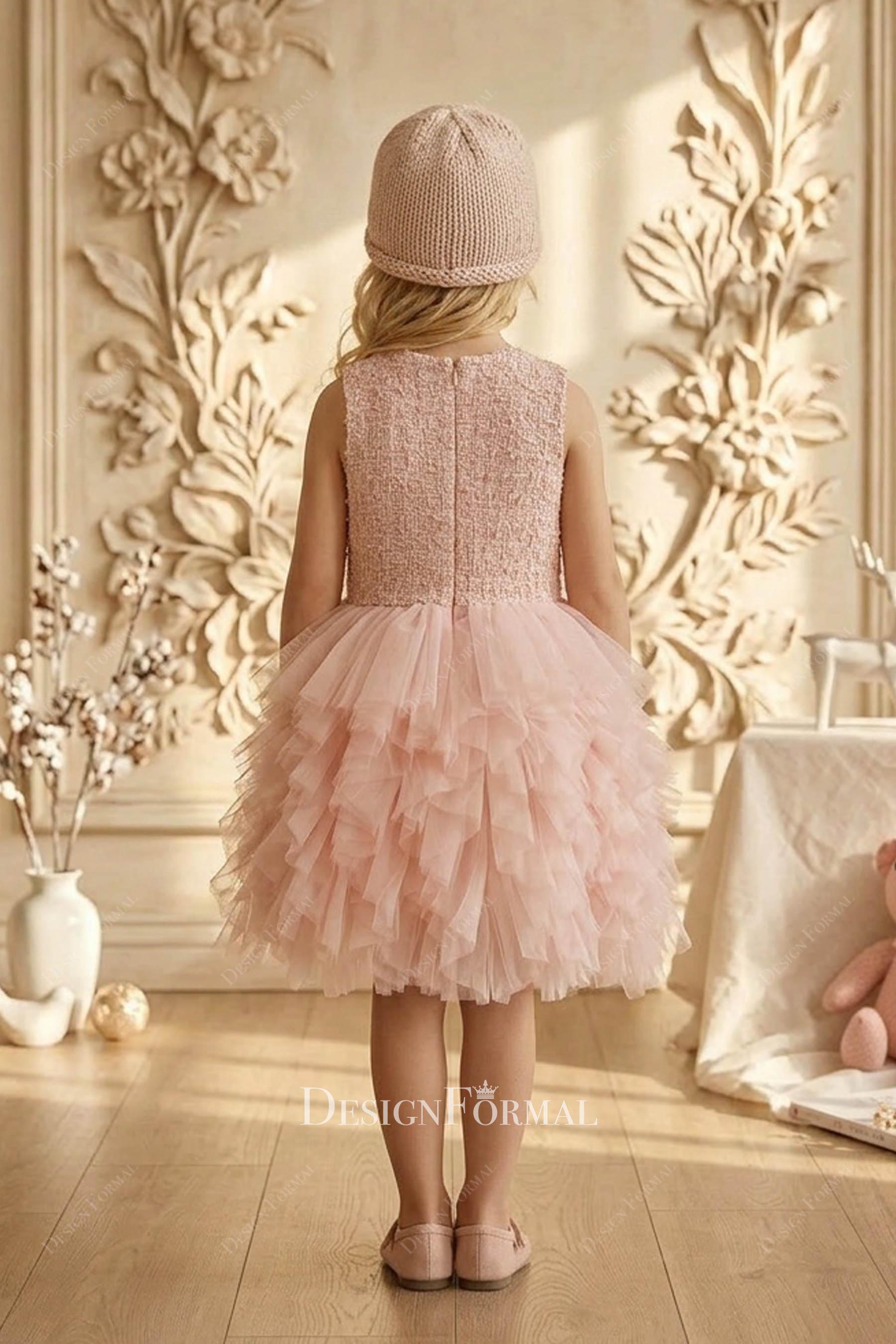 pearl pink ruffled tulle kids formal dress