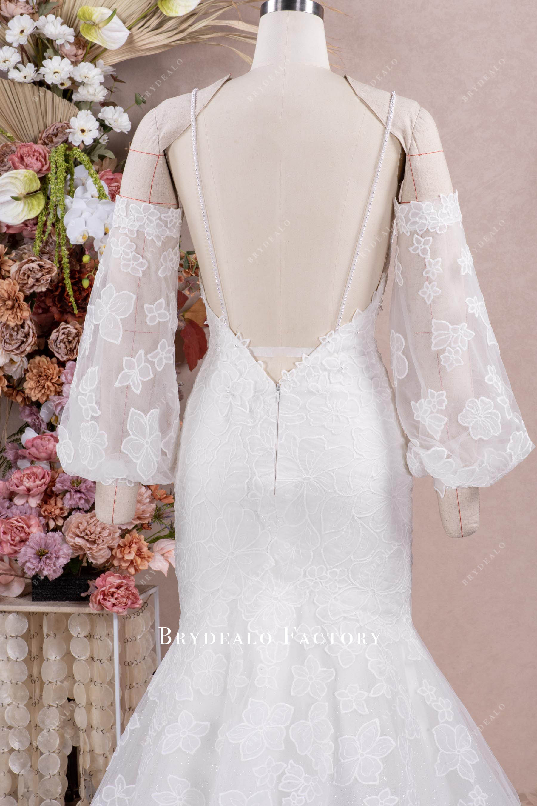 pearl straps open back wedding dress