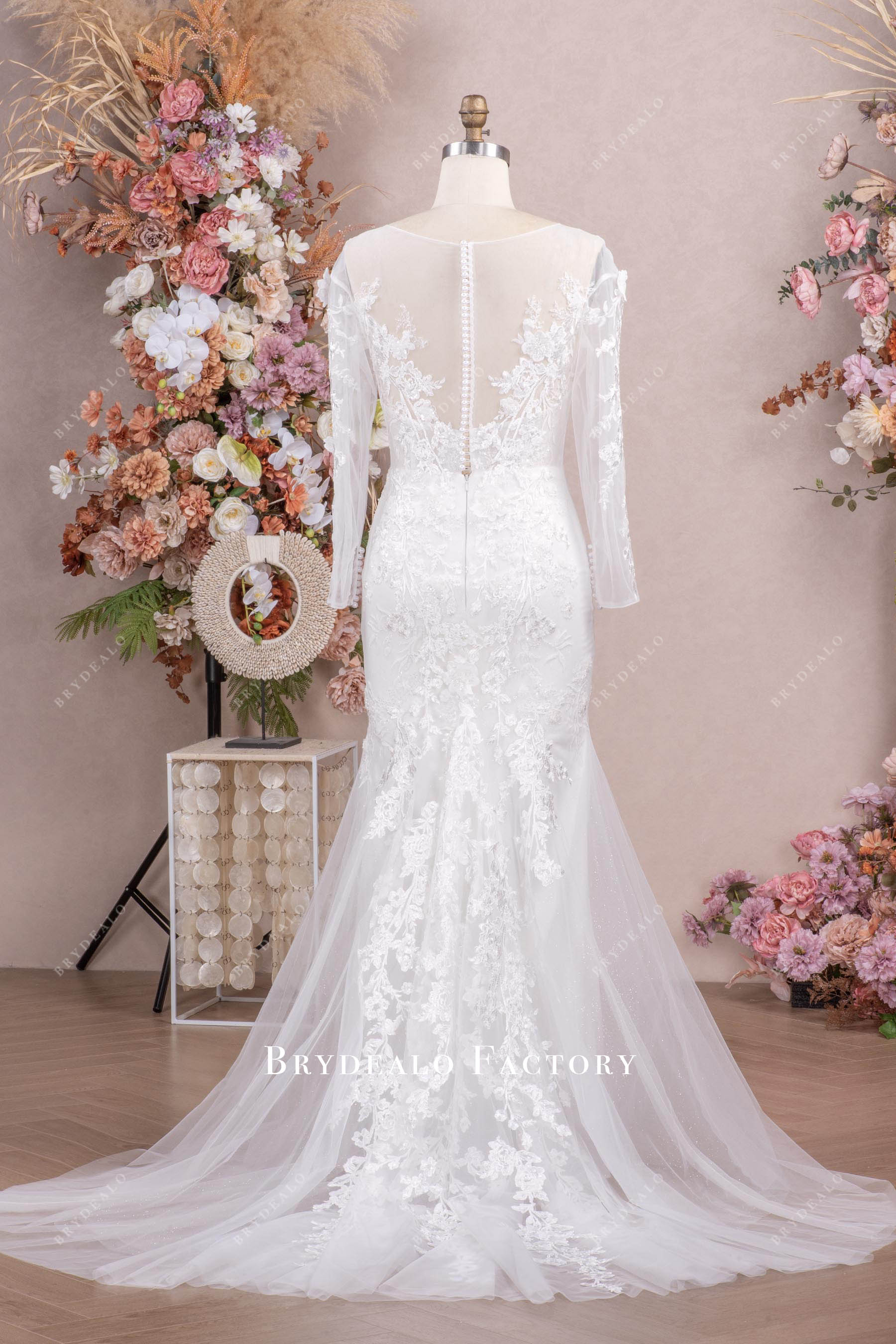 pearls back closure long mermaid wedding gown