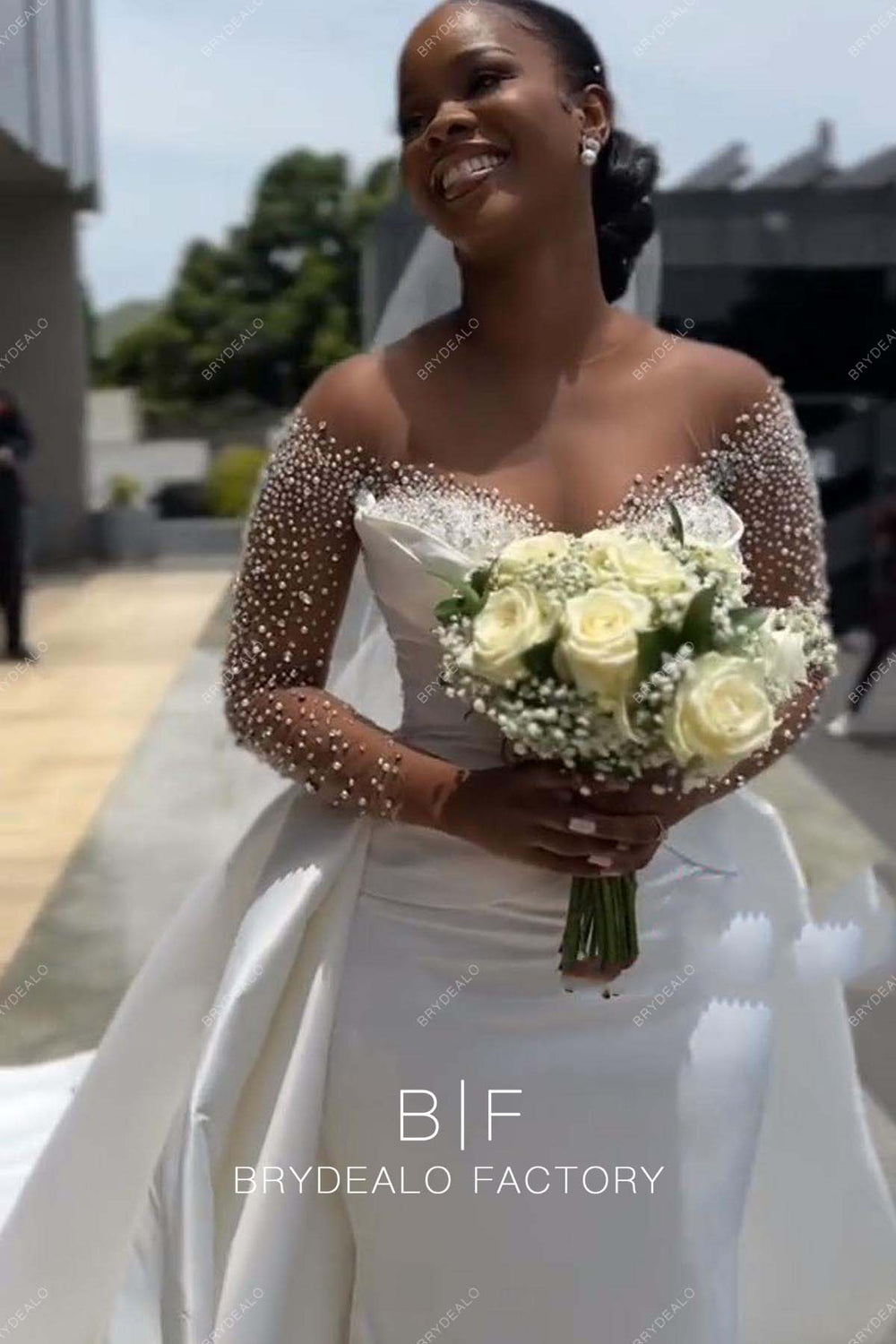 Luxury Designer Pearls One Sleeve Satin Unique Overskirt Wedding Dress main image 1