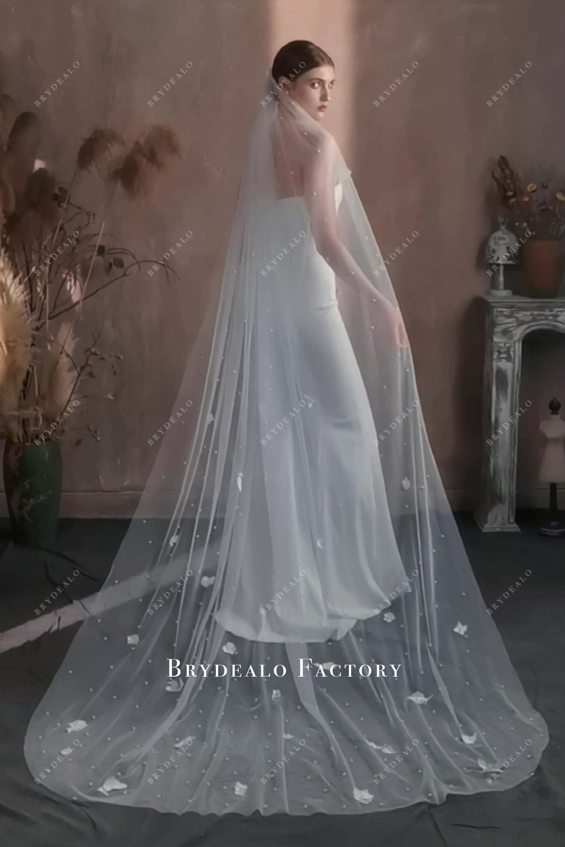 pearls lace floral bridal veil