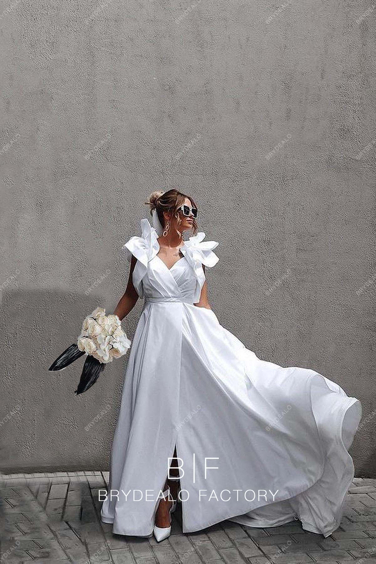 Casual V-neck White Slit A-line Wedding Dress