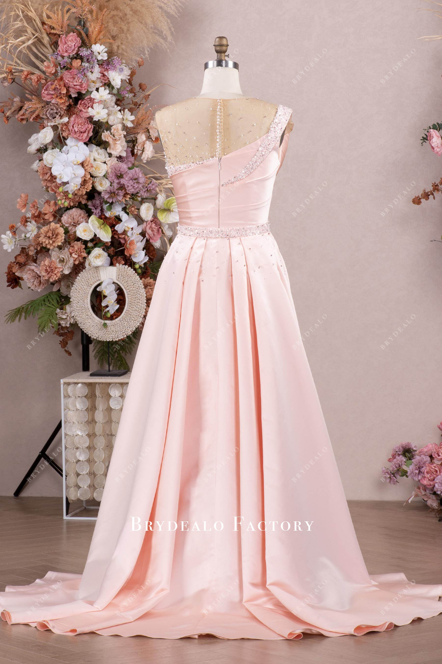 Pink Asymmetrical Pleated Overskirt Mother Of Bride Dress