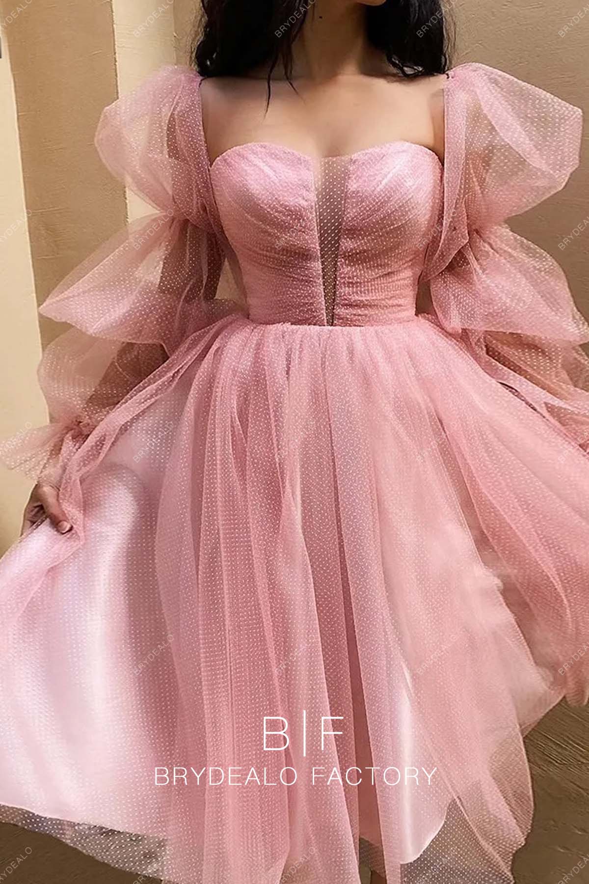 Flamingo Dot Tulle Marie Sleeves Tea Length Prom Dress