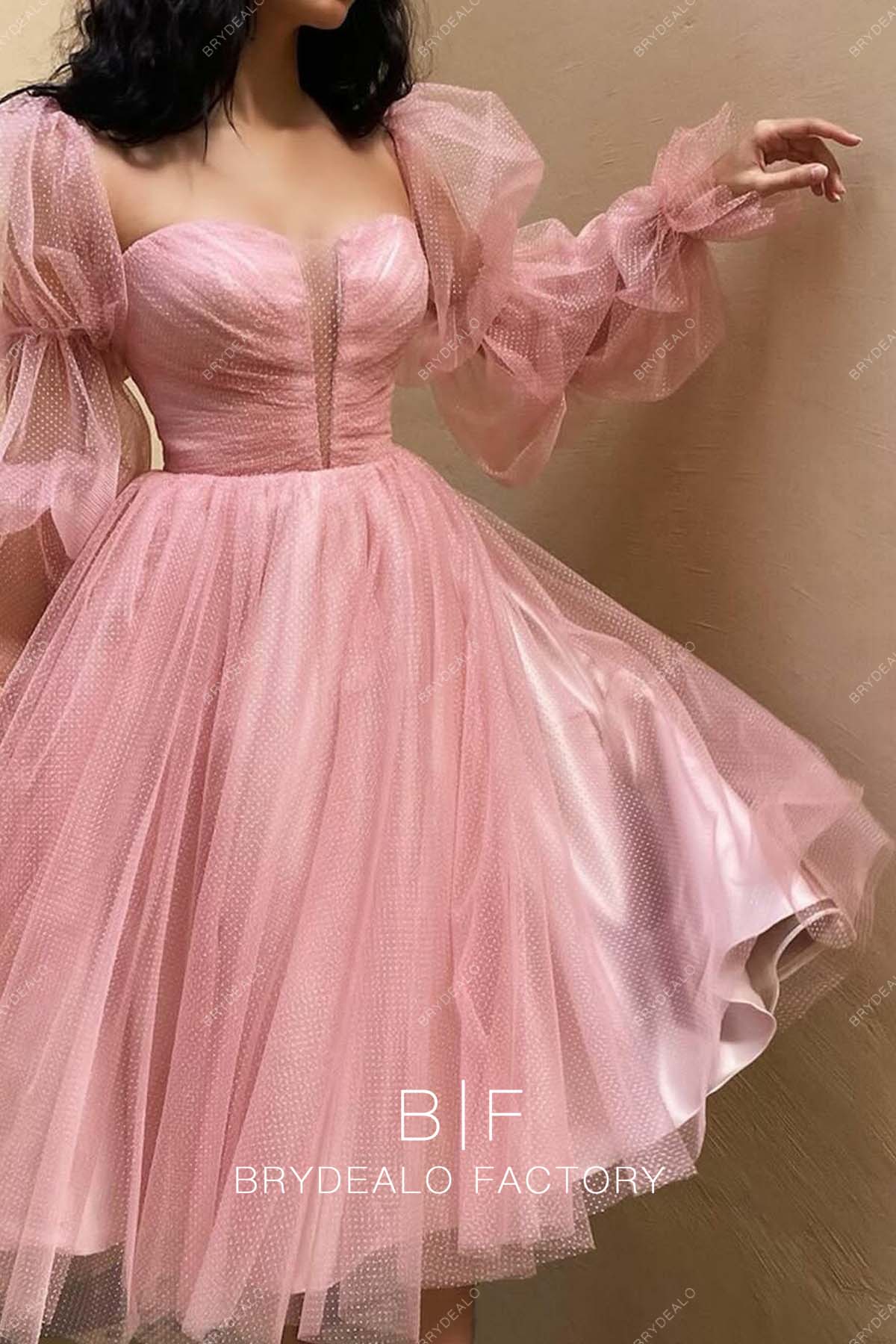 Dot Tulle Marie Sleeves Pink Short Homecoming Dress