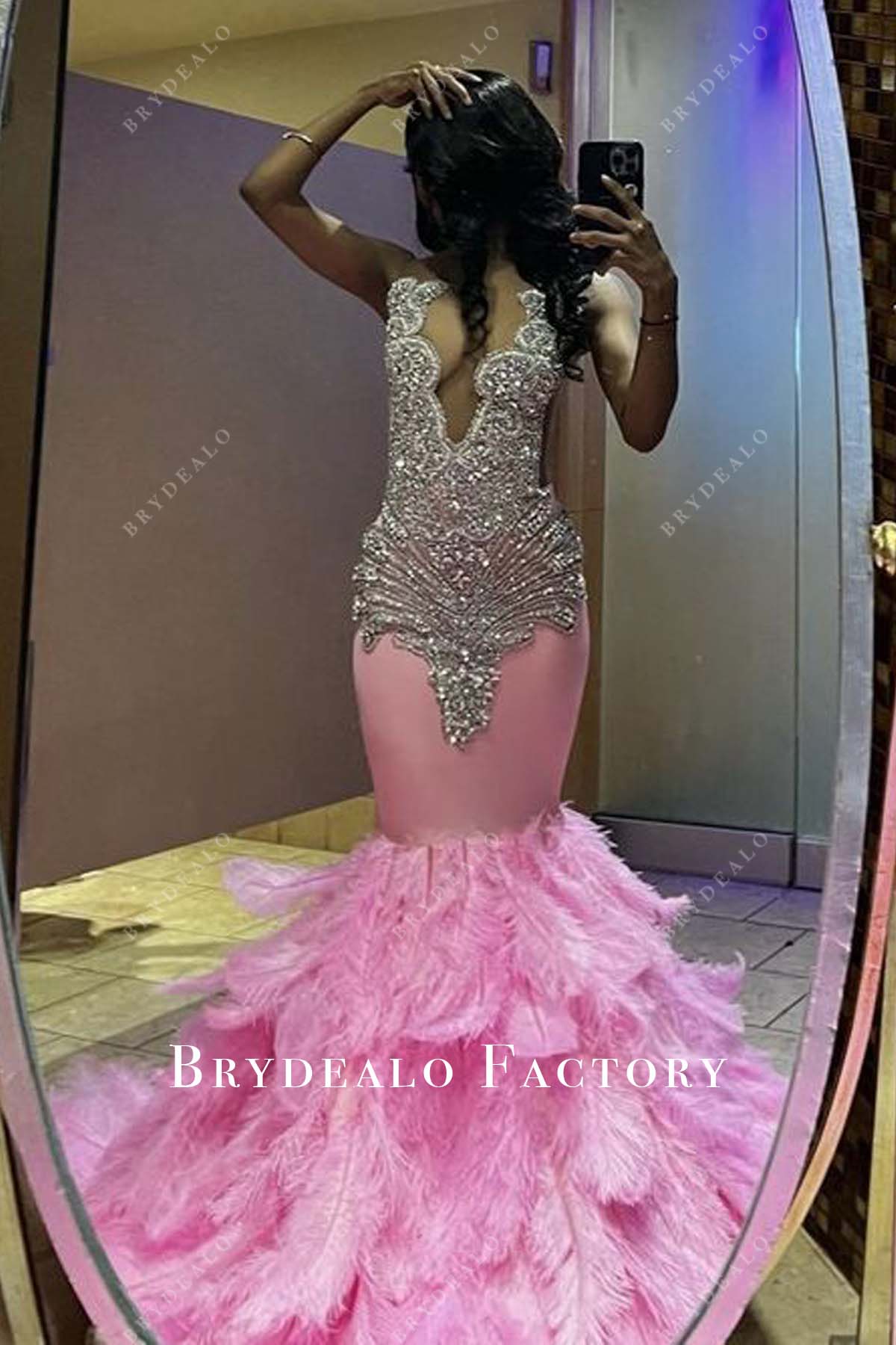 Pink Ostrich Feathers Mermaid V-neck Crystals Prom Dress