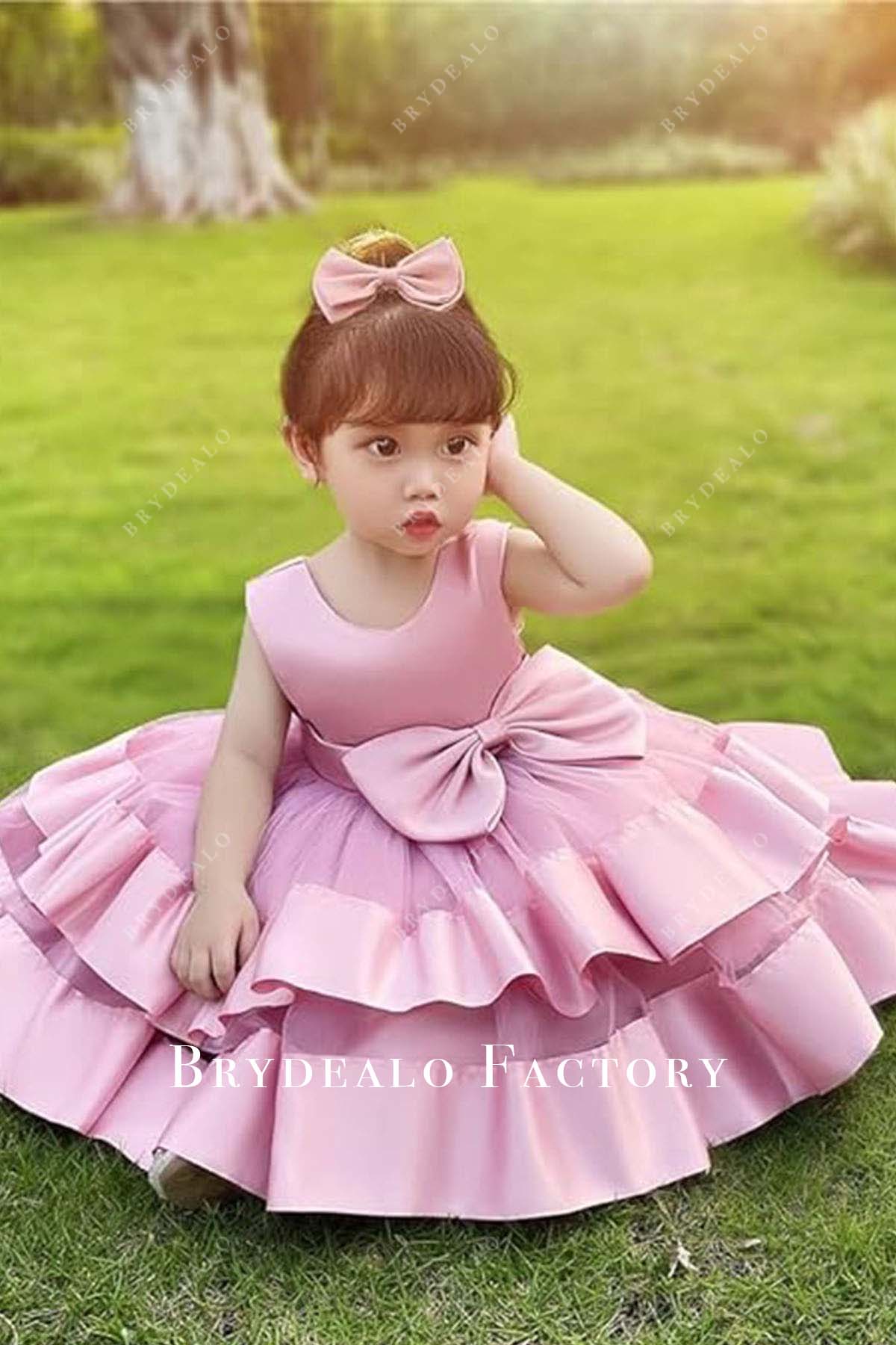 Sleeveless Pink Tiered Satin Tulle Flower Girl Dress