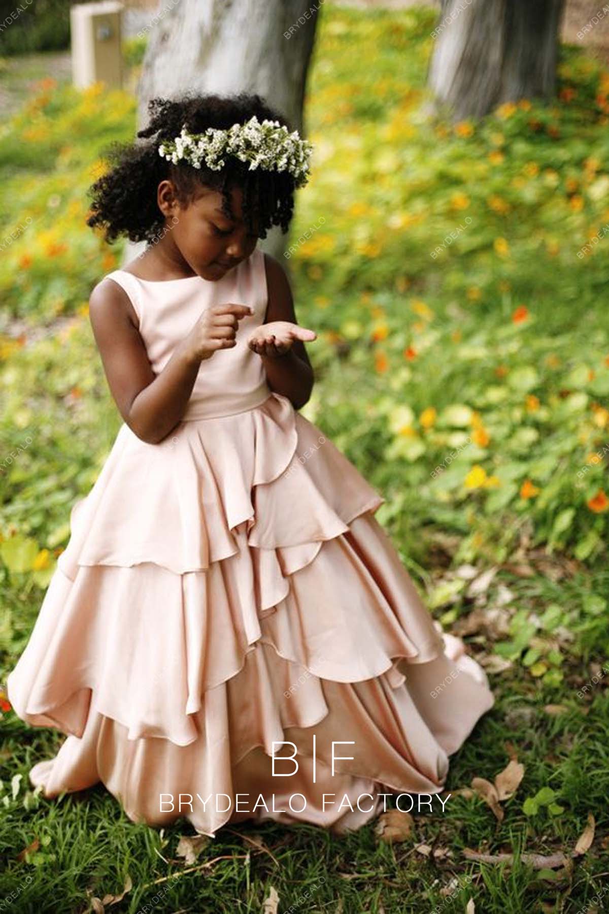 Pearl Pink Sleeveless Charmeuse Tiered Long Flower Girl Dress