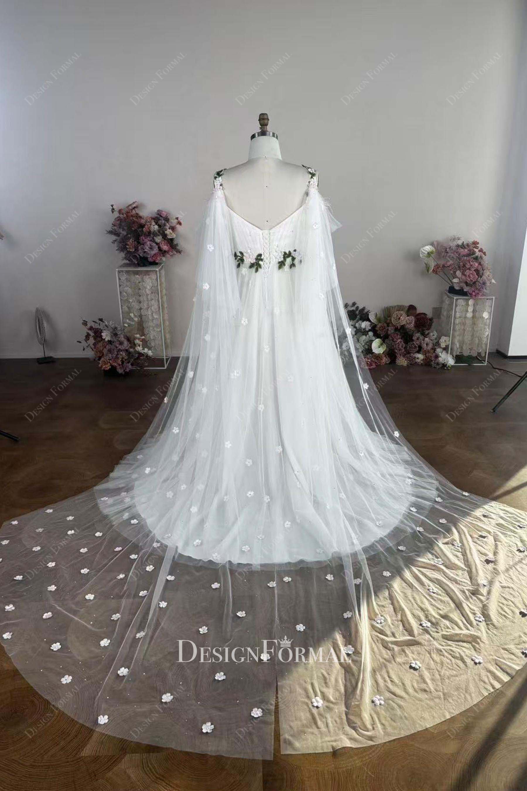pink flowers rhinestones shoulder veil wedding dress