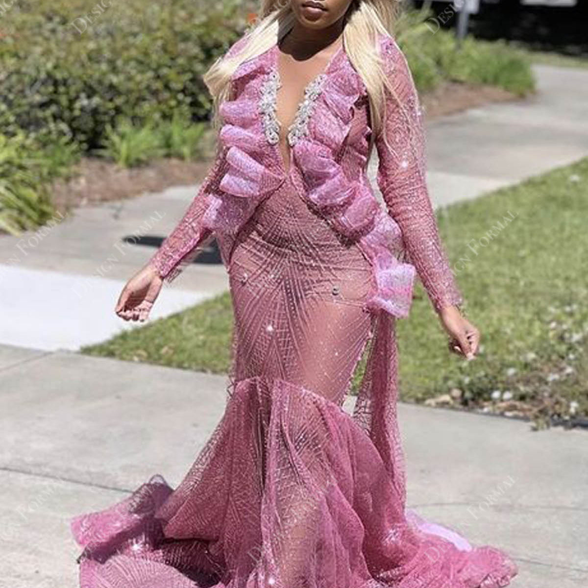 Pink Sequin Ruffled Sexy Mermaid Designer Long Train Prom Gown