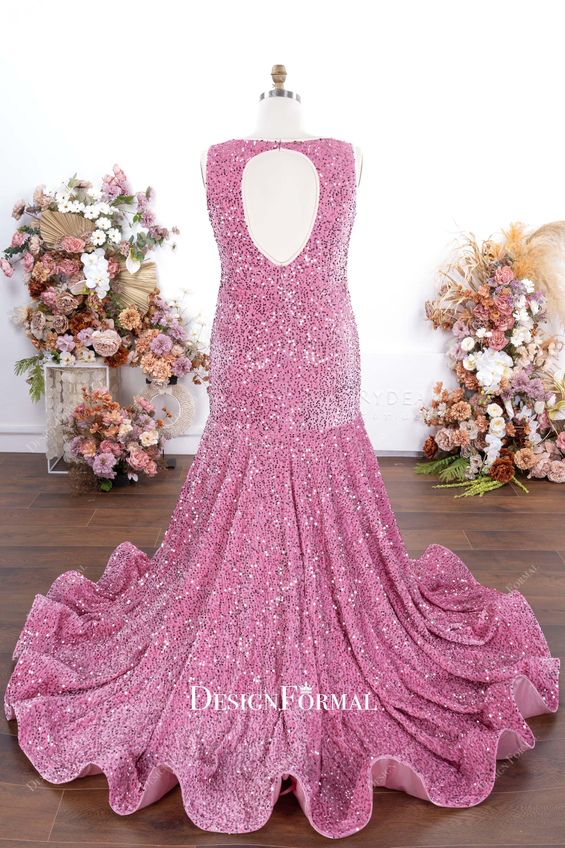 pink glitter trumpet prom dress