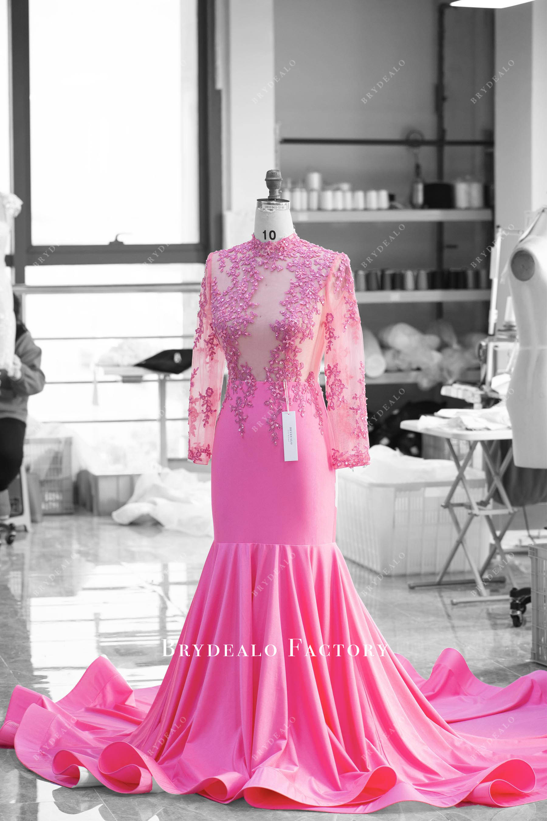 pink high neck lace jersey prom dress