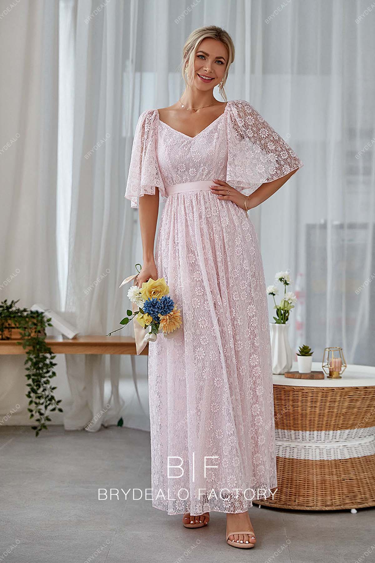 Heavenly Pink Lace Flutter Sleeves Elegant Long Dress