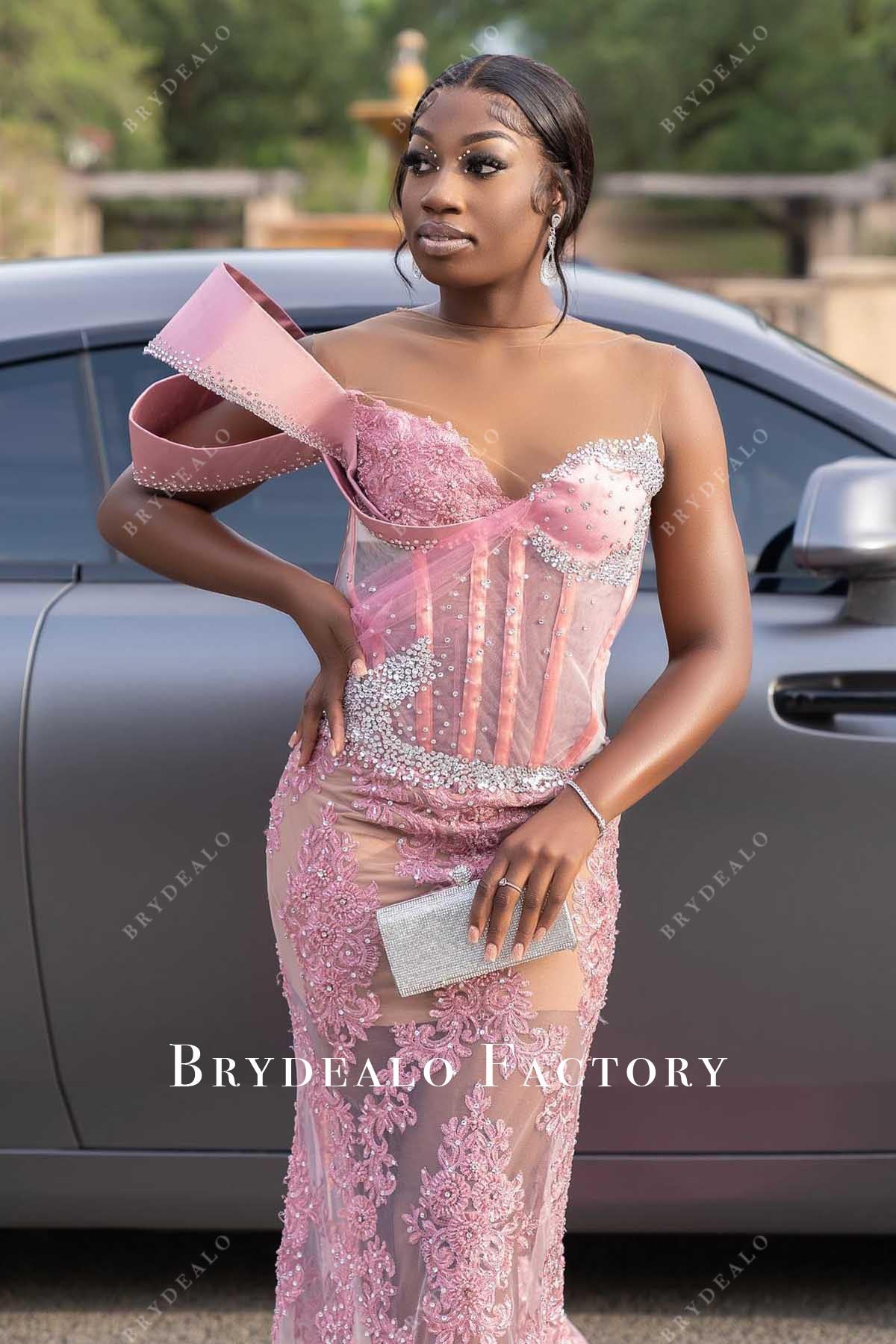 pink lace illusion neck mermaid prom dress