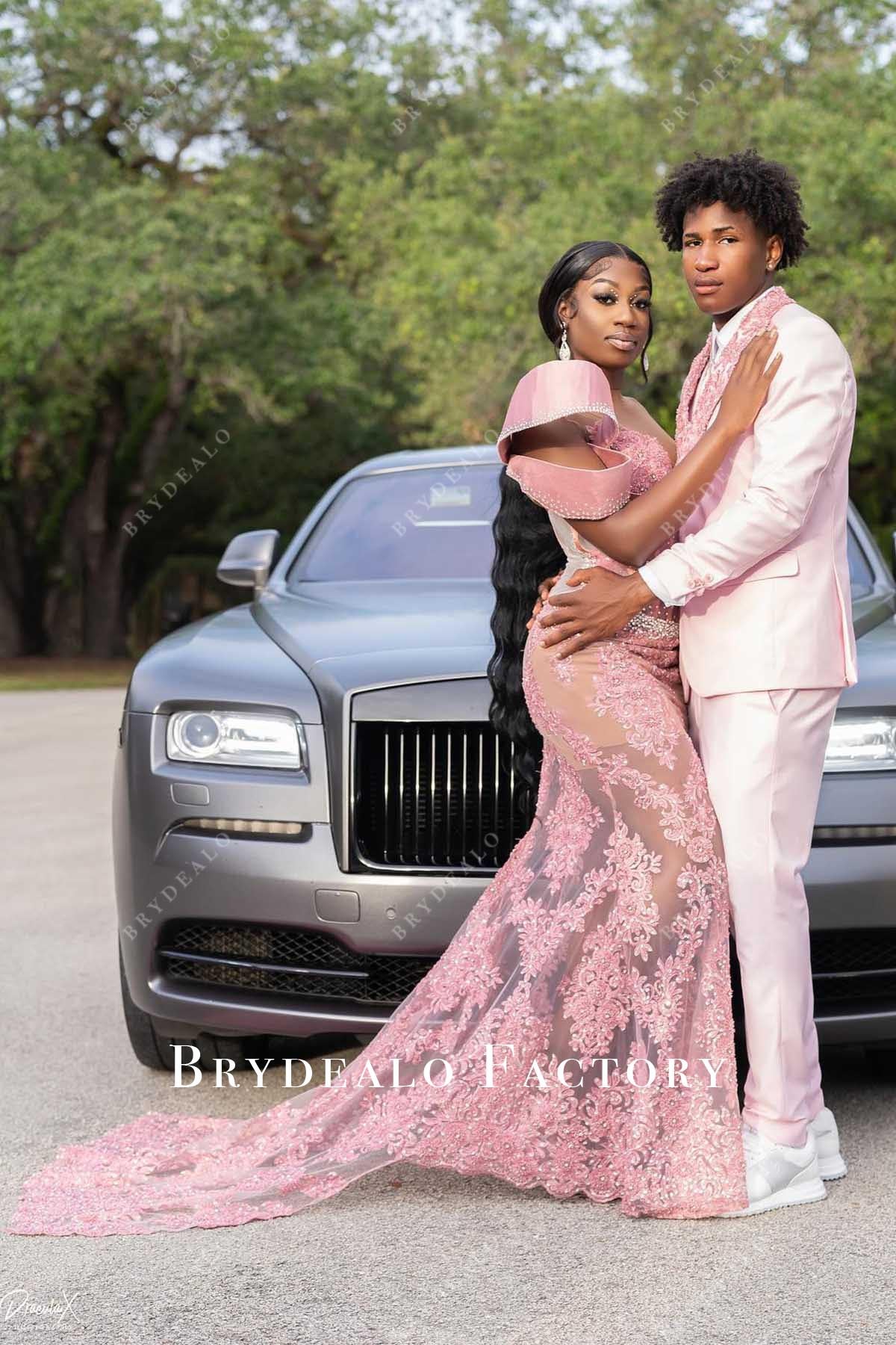 pink lace mermaid court train prom dress