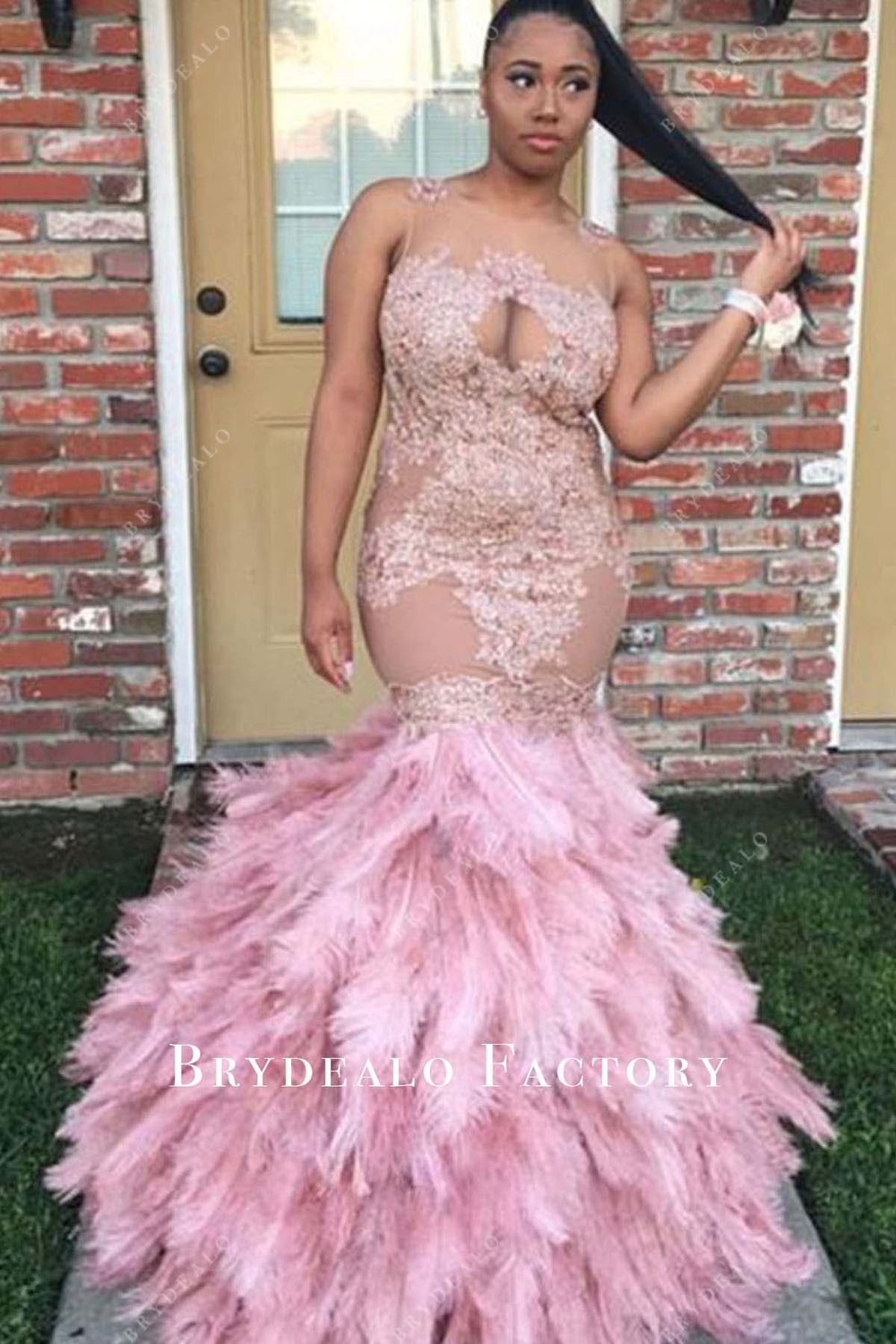 Pink Lace Sleeveless Plus Size Big Feather Trumpet Prom Dress