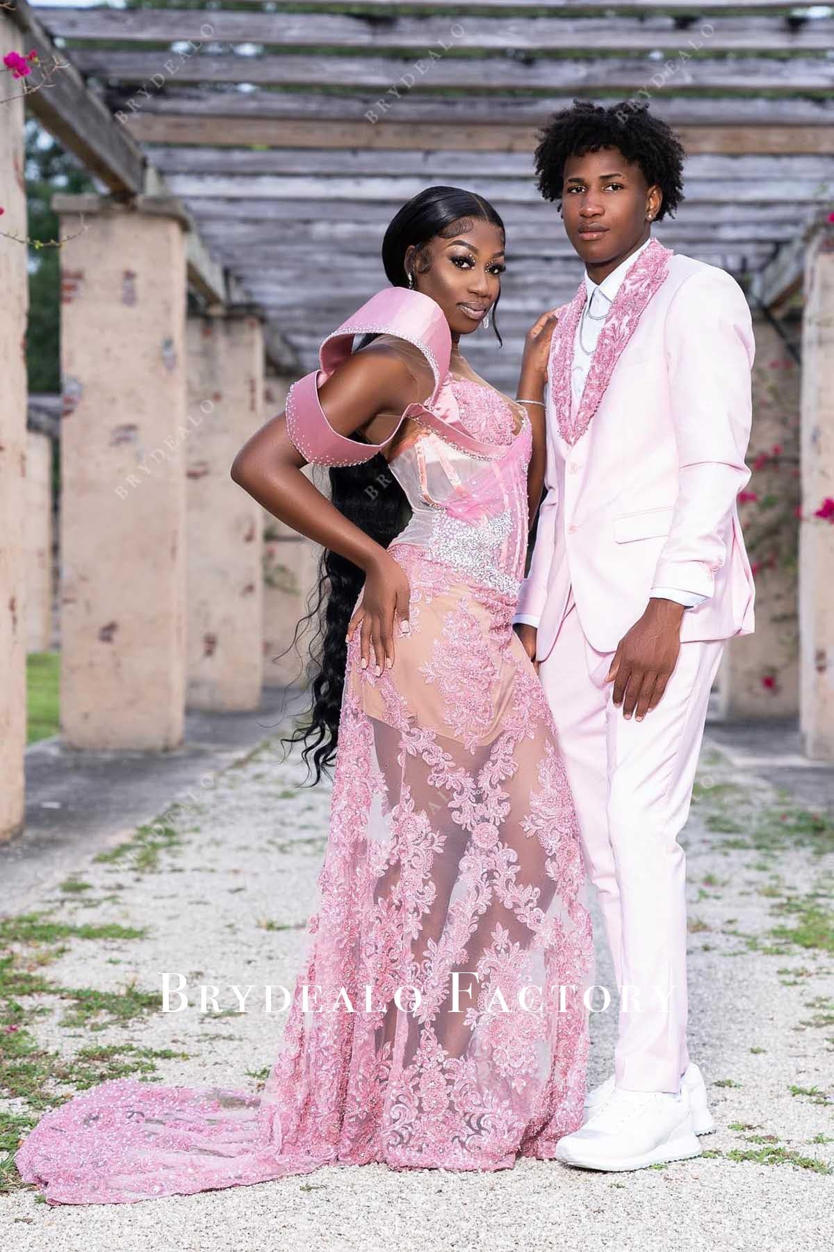 pink lace sequined mermaid prom dress