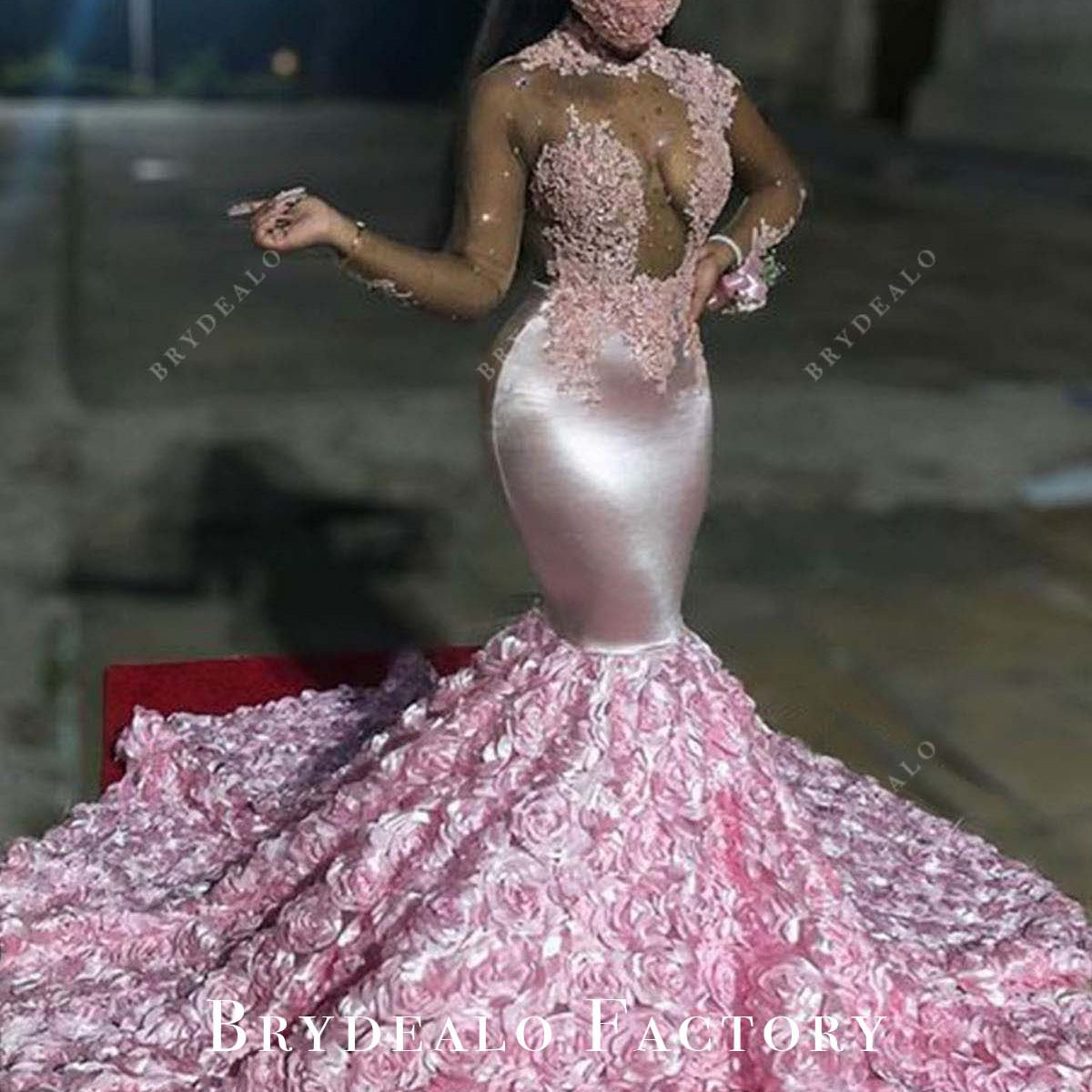 Pink Lace 3D Roses Trumpet Long Train Prom Dress