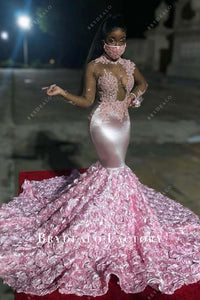 Pink 3D Roses Trumpet Crystals Illusion V-neck Handmade Prom Dress main image 1