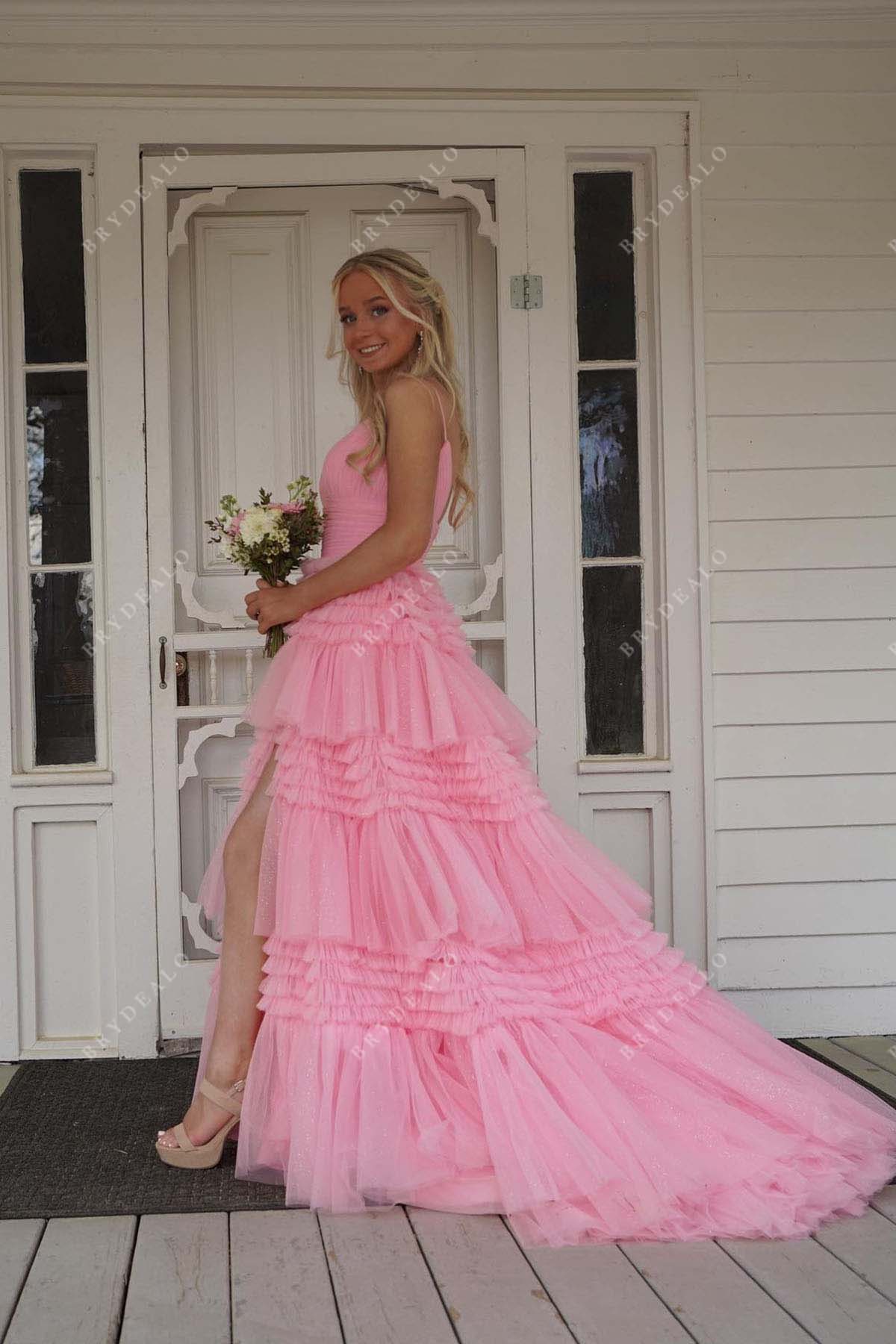 pink layered court train homecoming dress