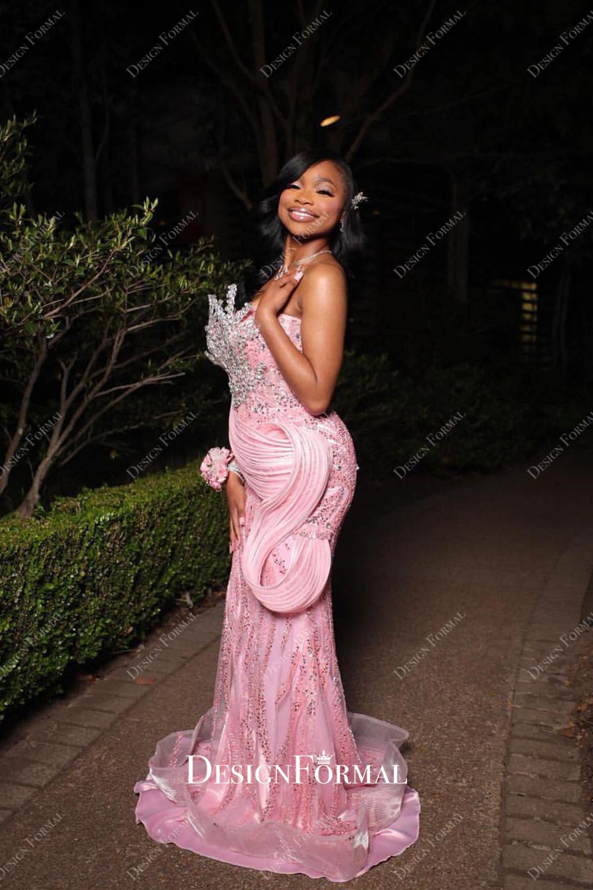 pink mermaid court train prom dress