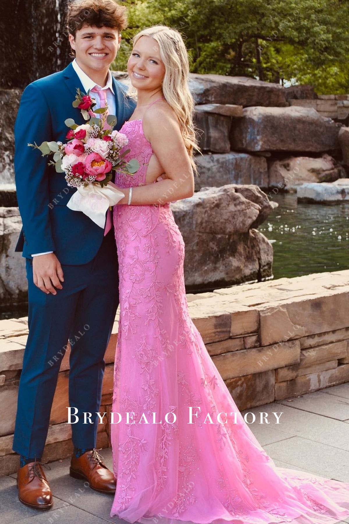 pink mermaid long train homecoming dress