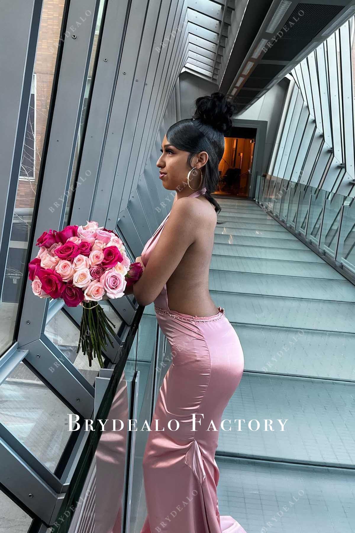 pink mermaid sweep train prom dress