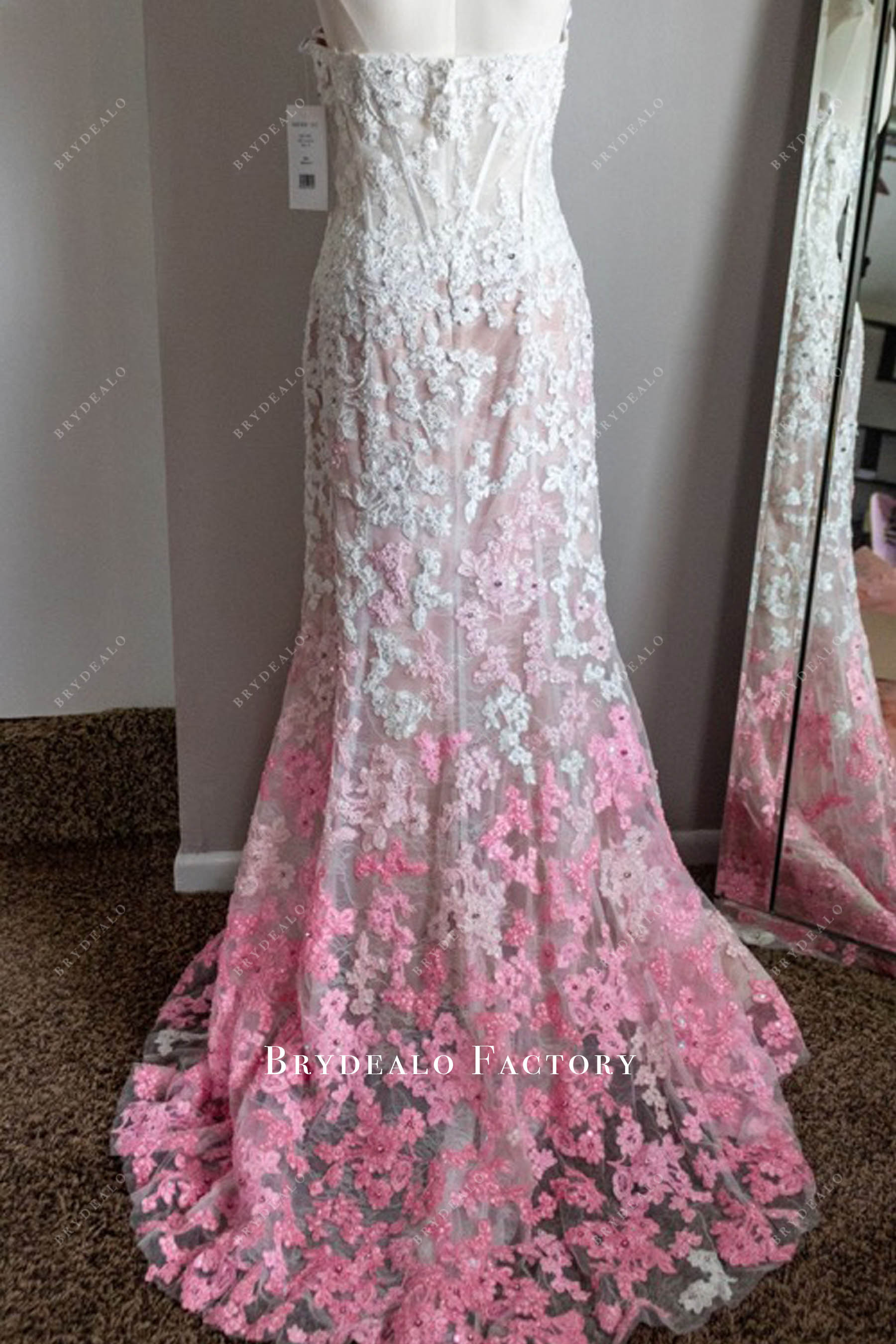 pink ombre sweep train prom gown