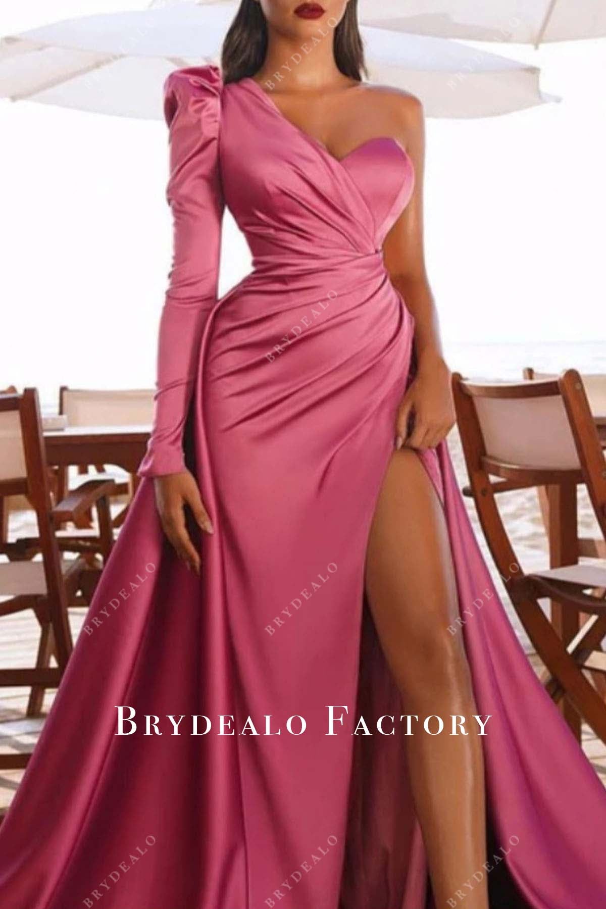 pink one sleeve pleated prom dress