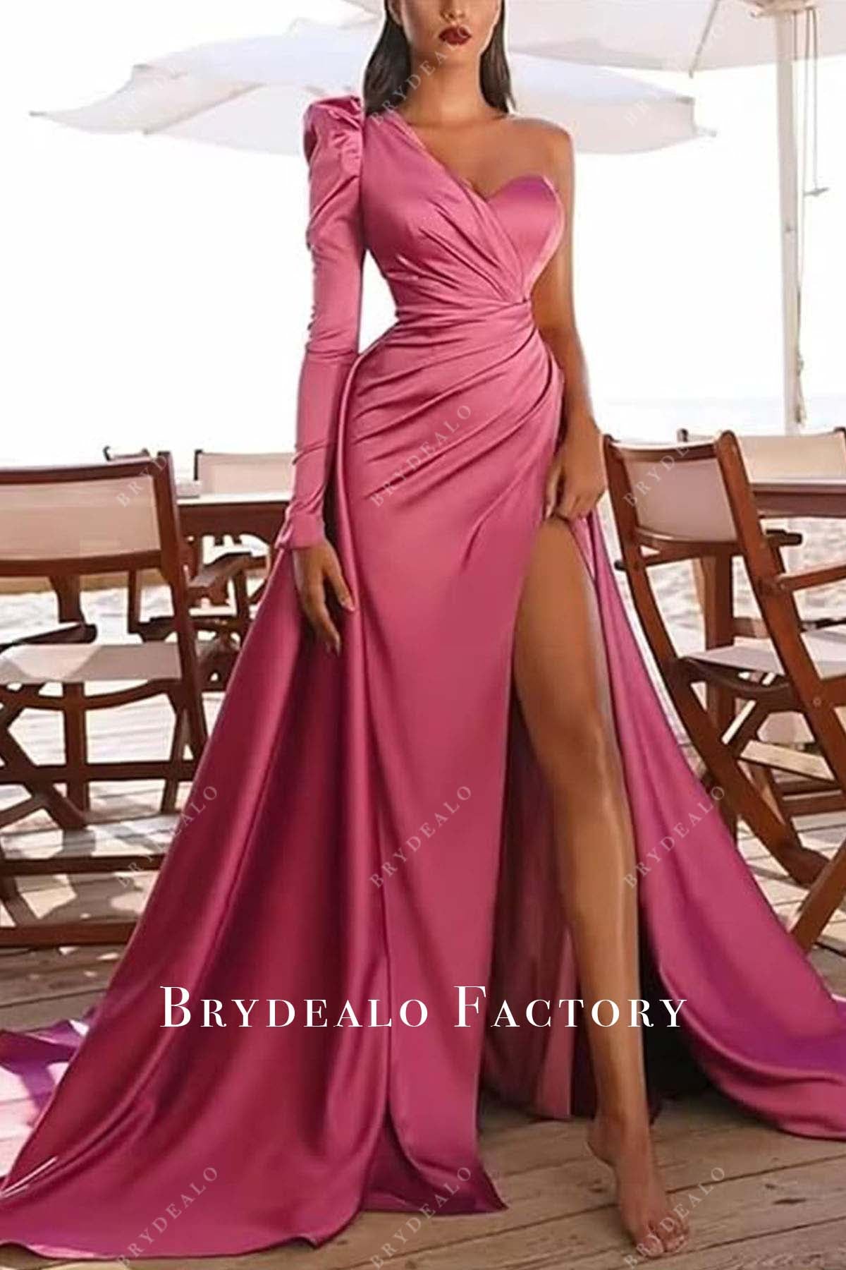 pink one sleeve slit prom dress