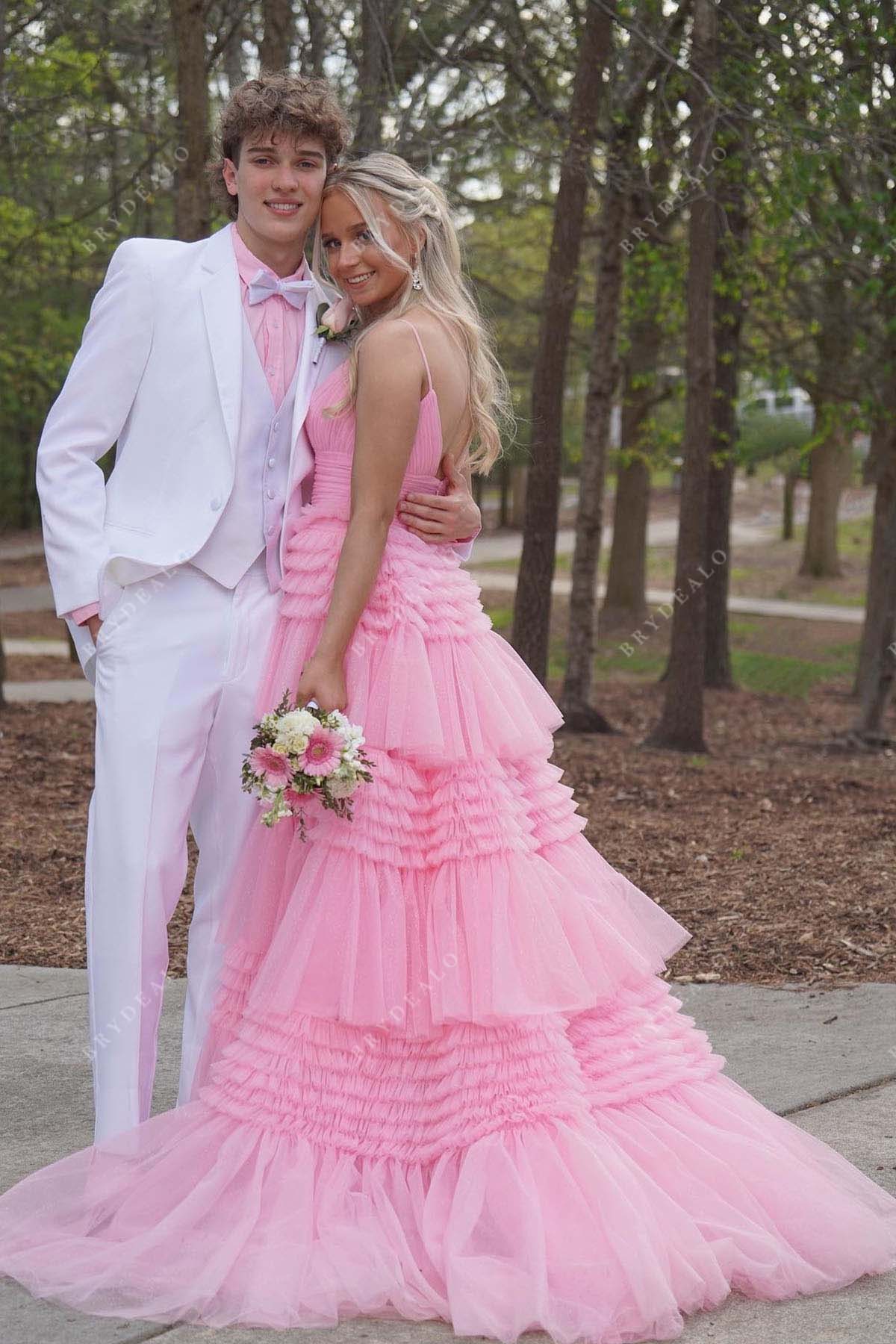 pink open back layered a line homecoming dress