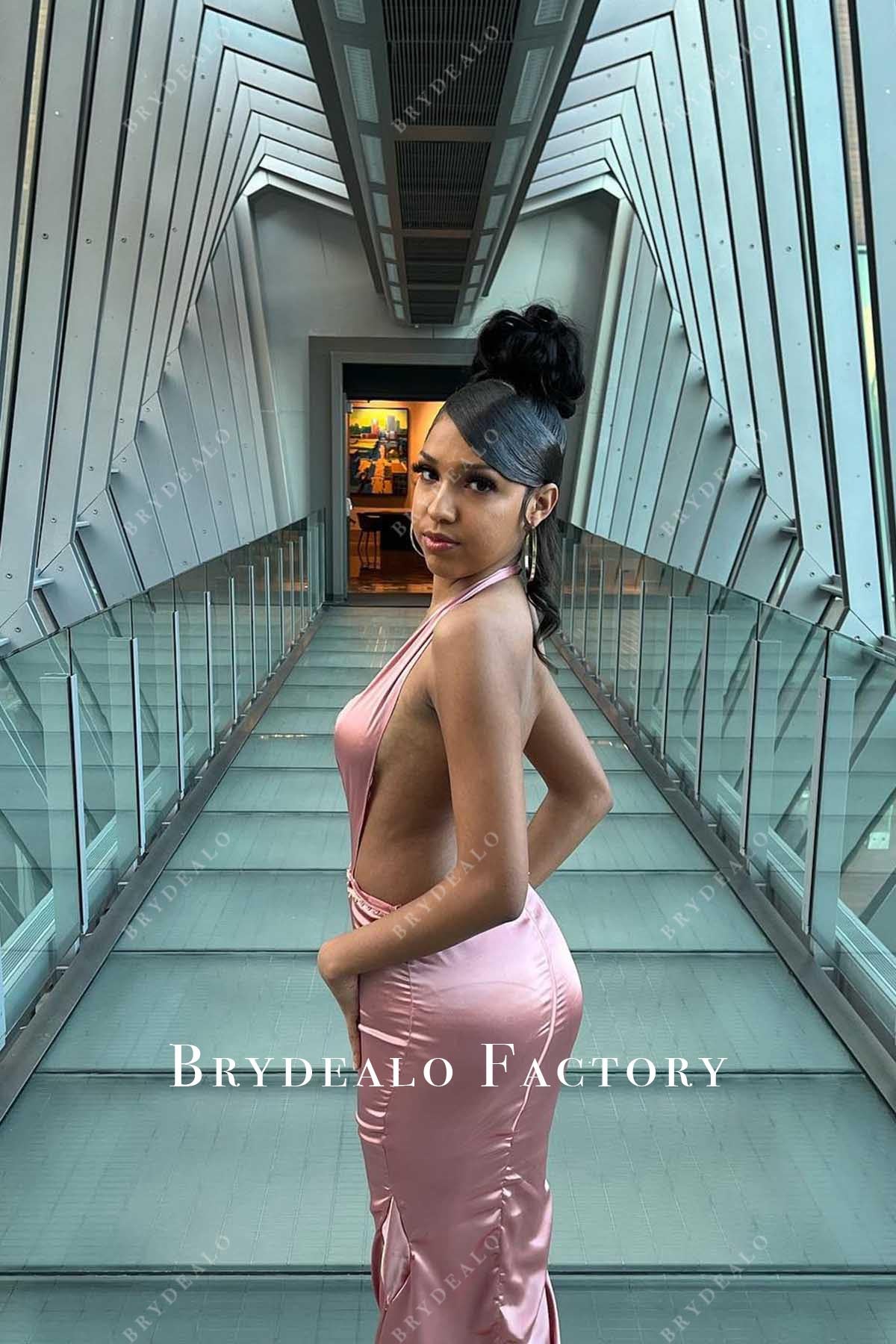 pink open back prom dress