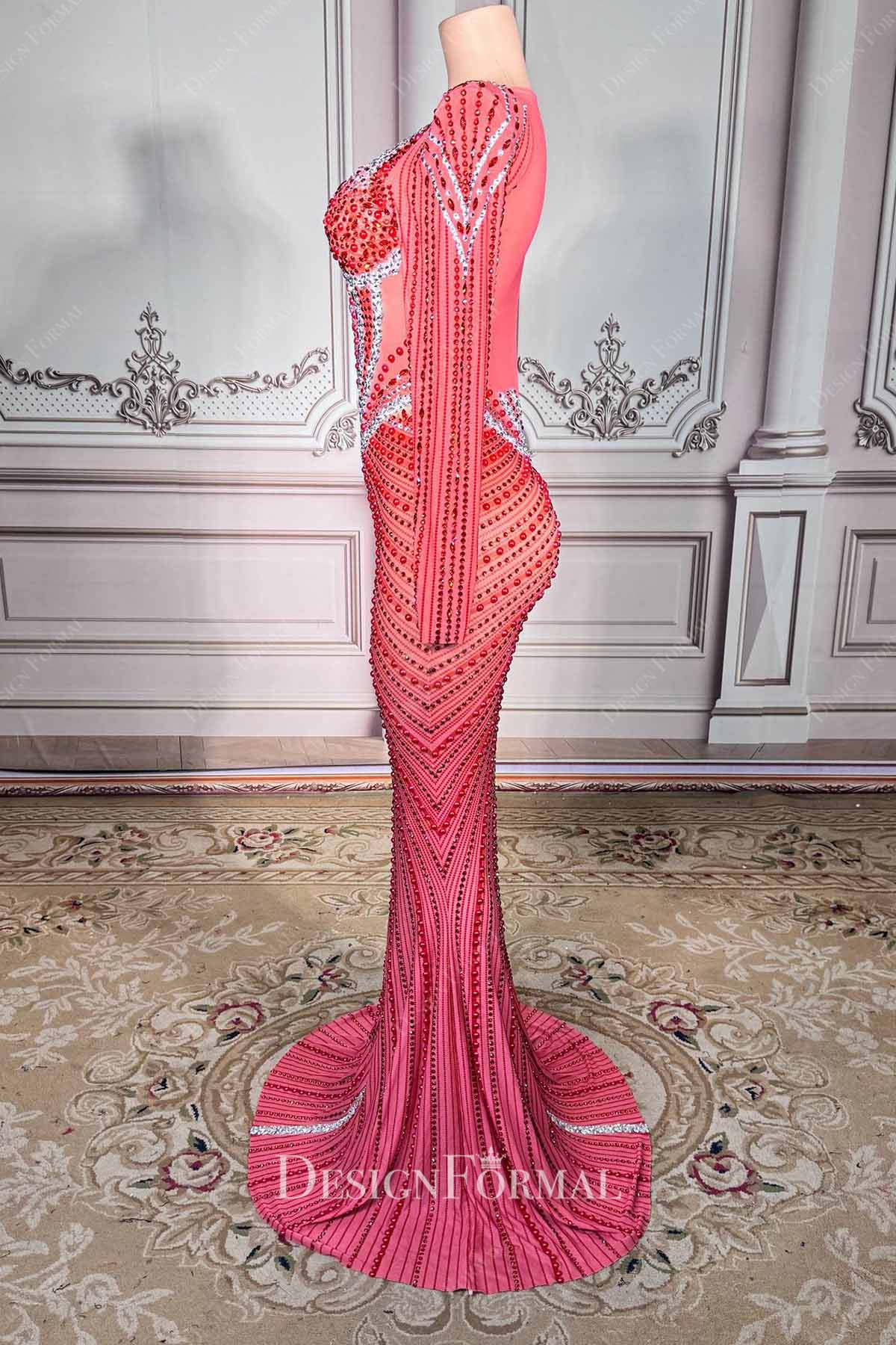 pink punch mermaid sweep train prom dress