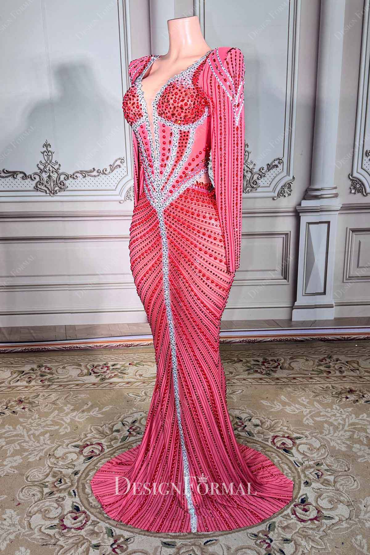 pink punch rhinestones mermaid prom dress